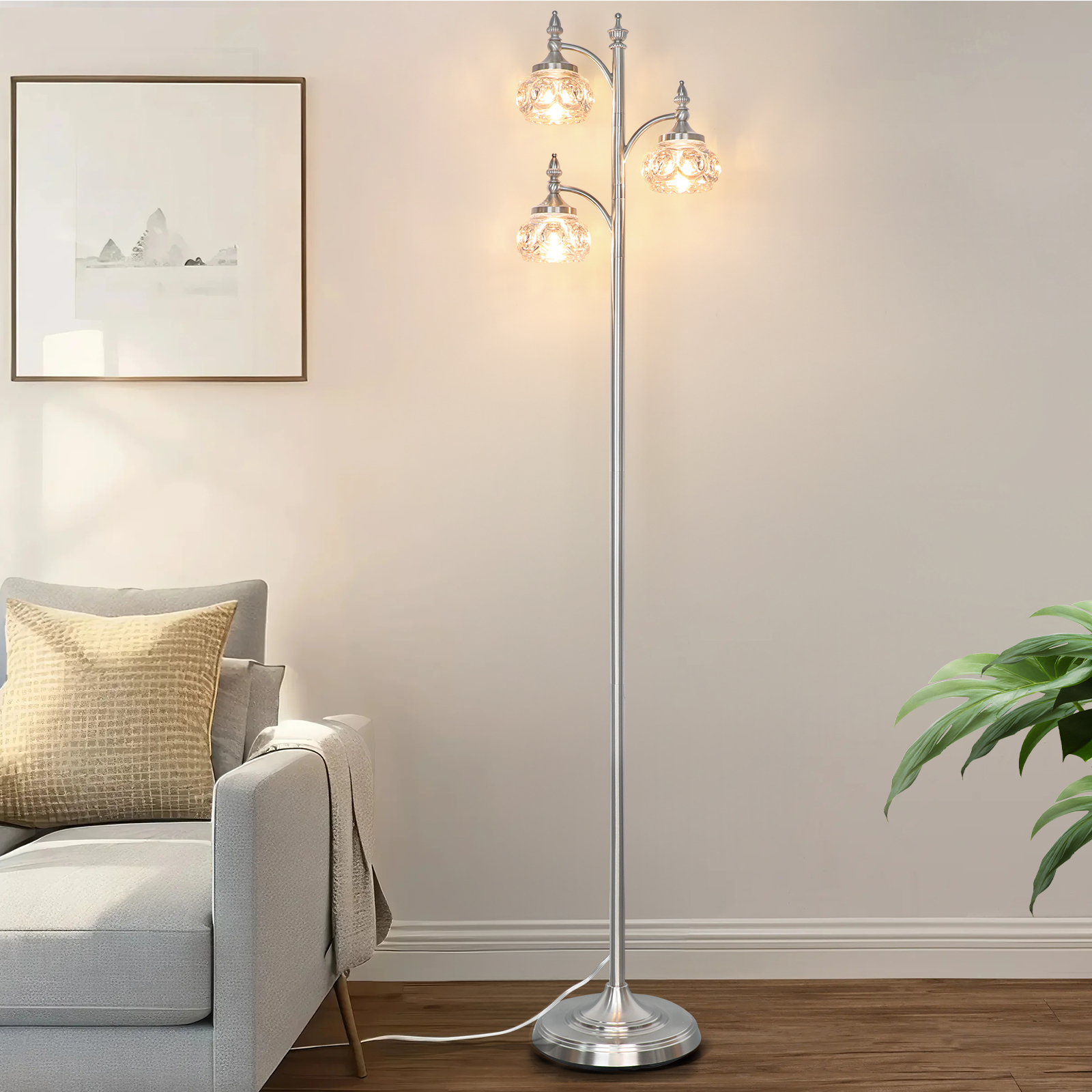 Metal & glass shade floor lamp 3 heads