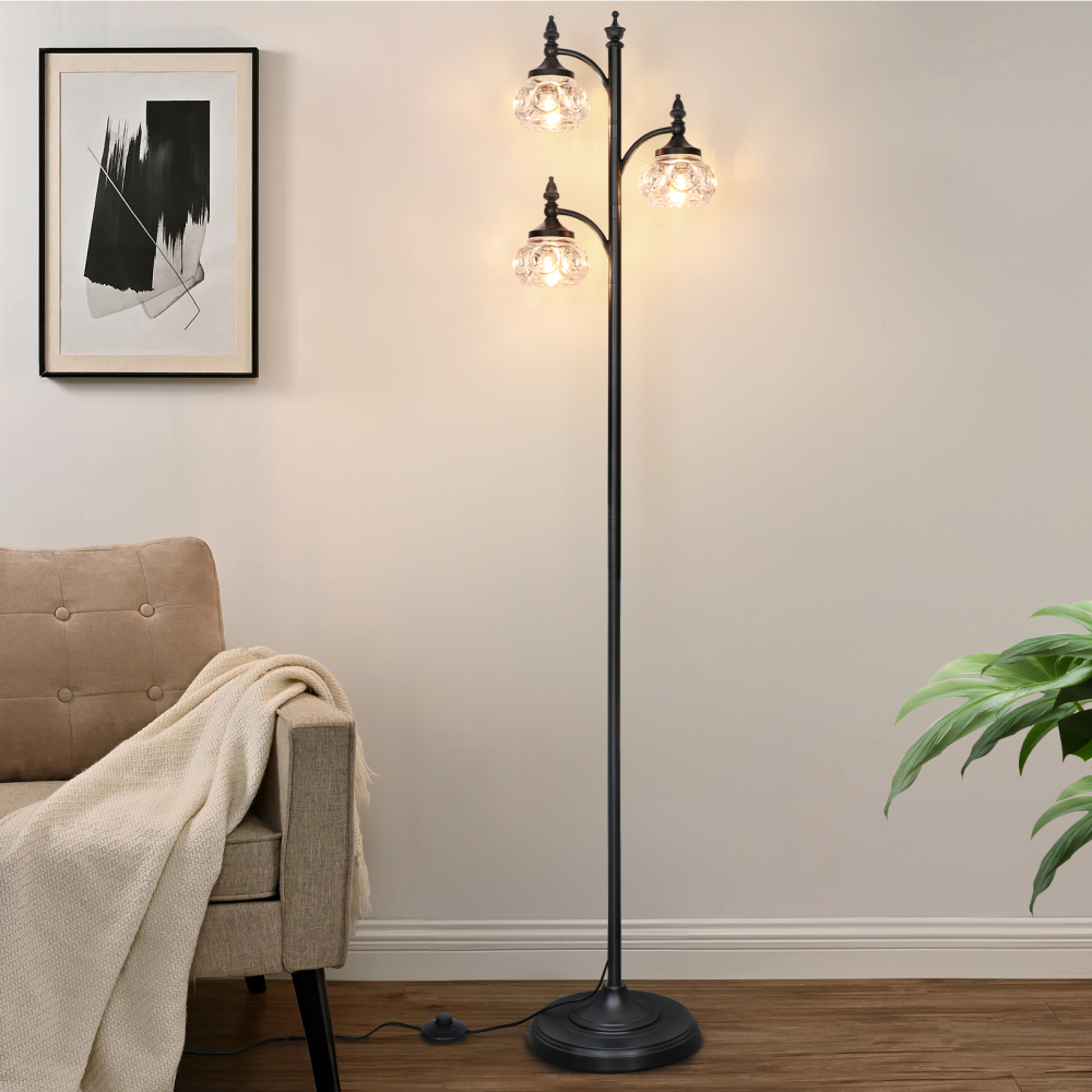 Metal & glass shade floor lamp 3 heads