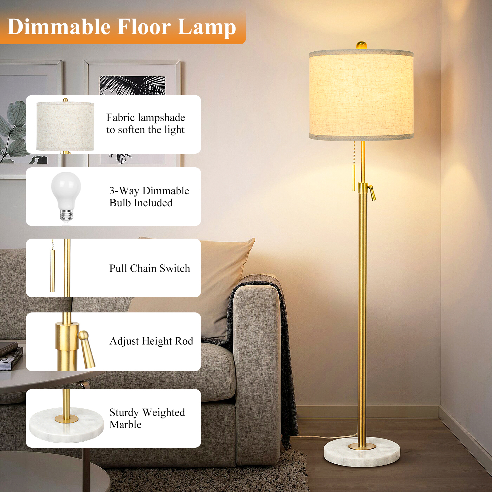 Liftable floor lamp, 55-65 inches