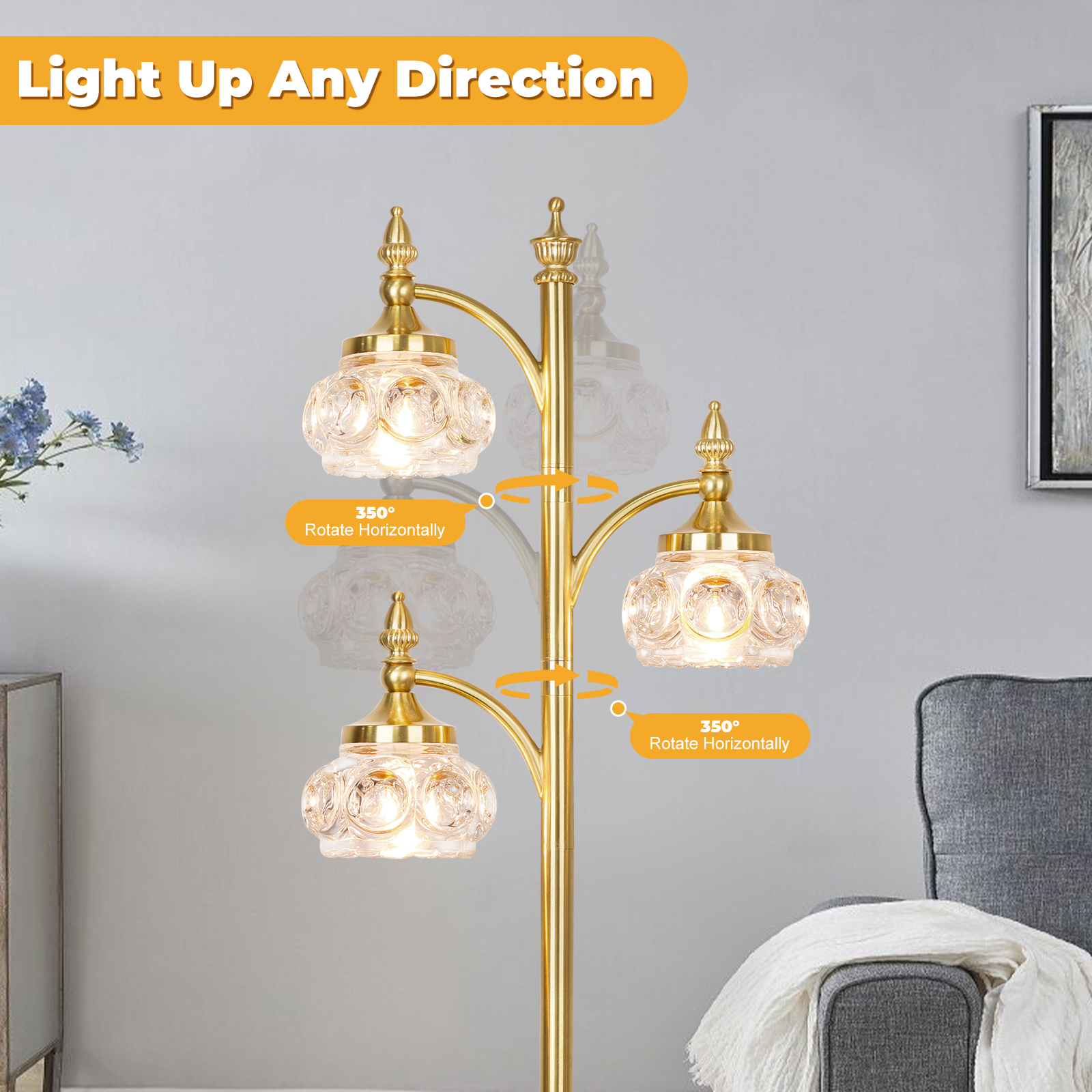 Metal & glass shade floor lamp 3 heads