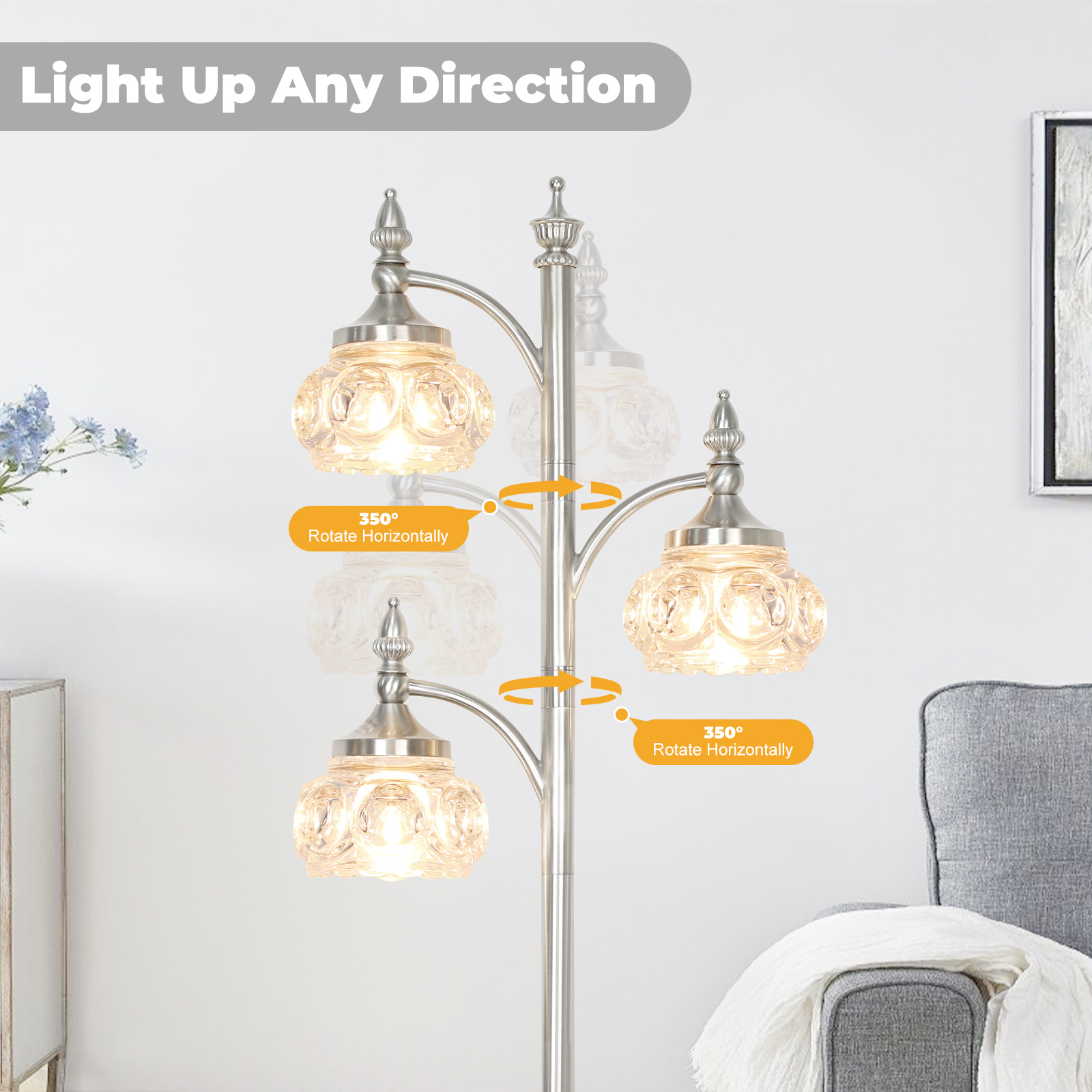 Metal & glass shade floor lamp 3 heads