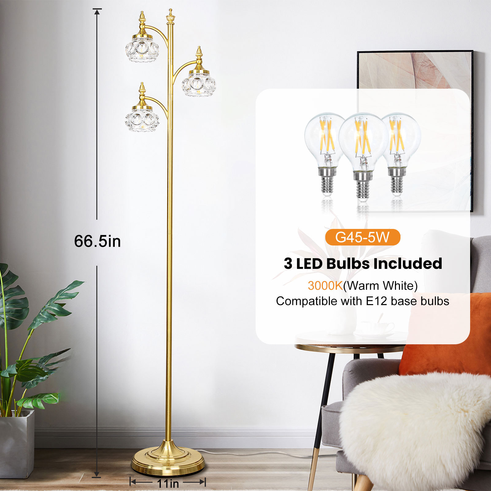 Metal & glass shade floor lamp 3 heads