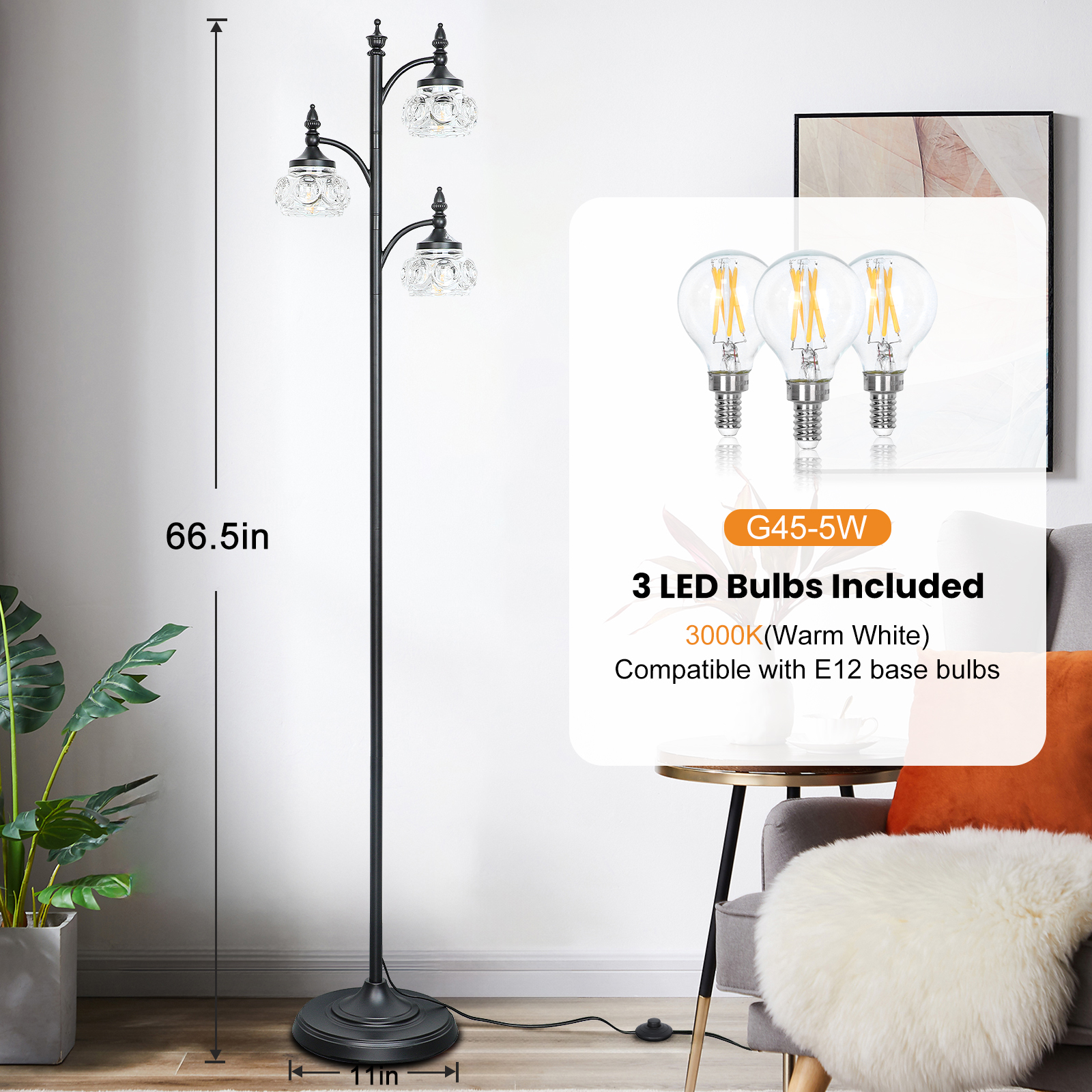 Metal & glass shade floor lamp 3 heads