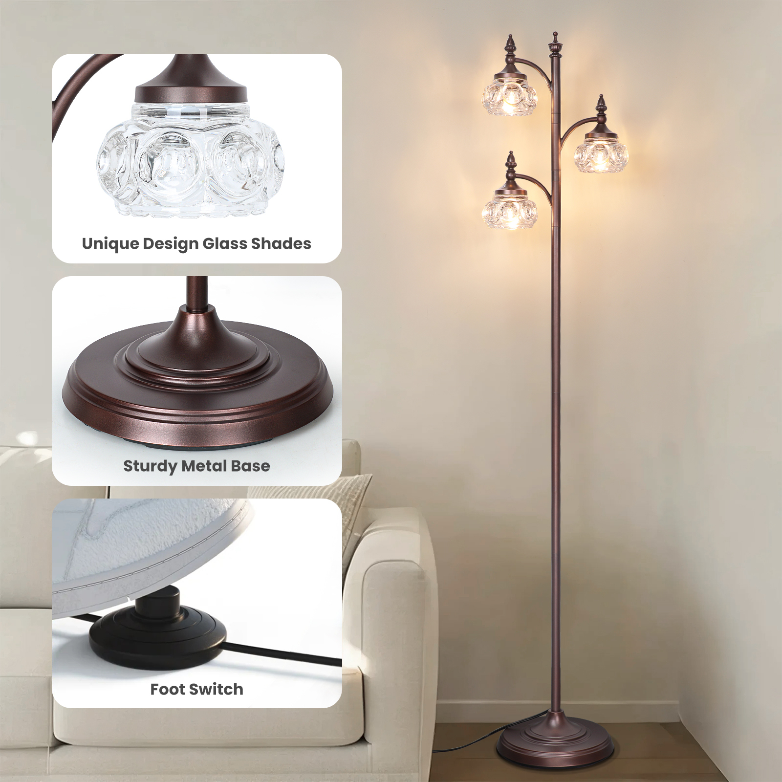 Metal & glass shade floor lamp 3 heads