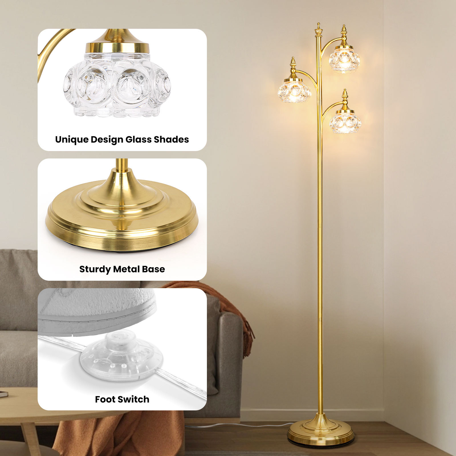 Metal & glass shade floor lamp 3 heads