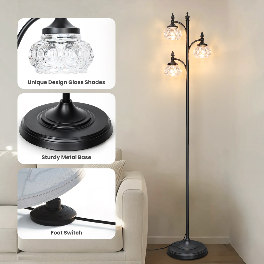 Metal & glass shade floor lamp 3 heads