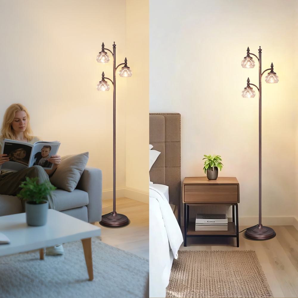 Metal & glass shade floor lamp 3 heads