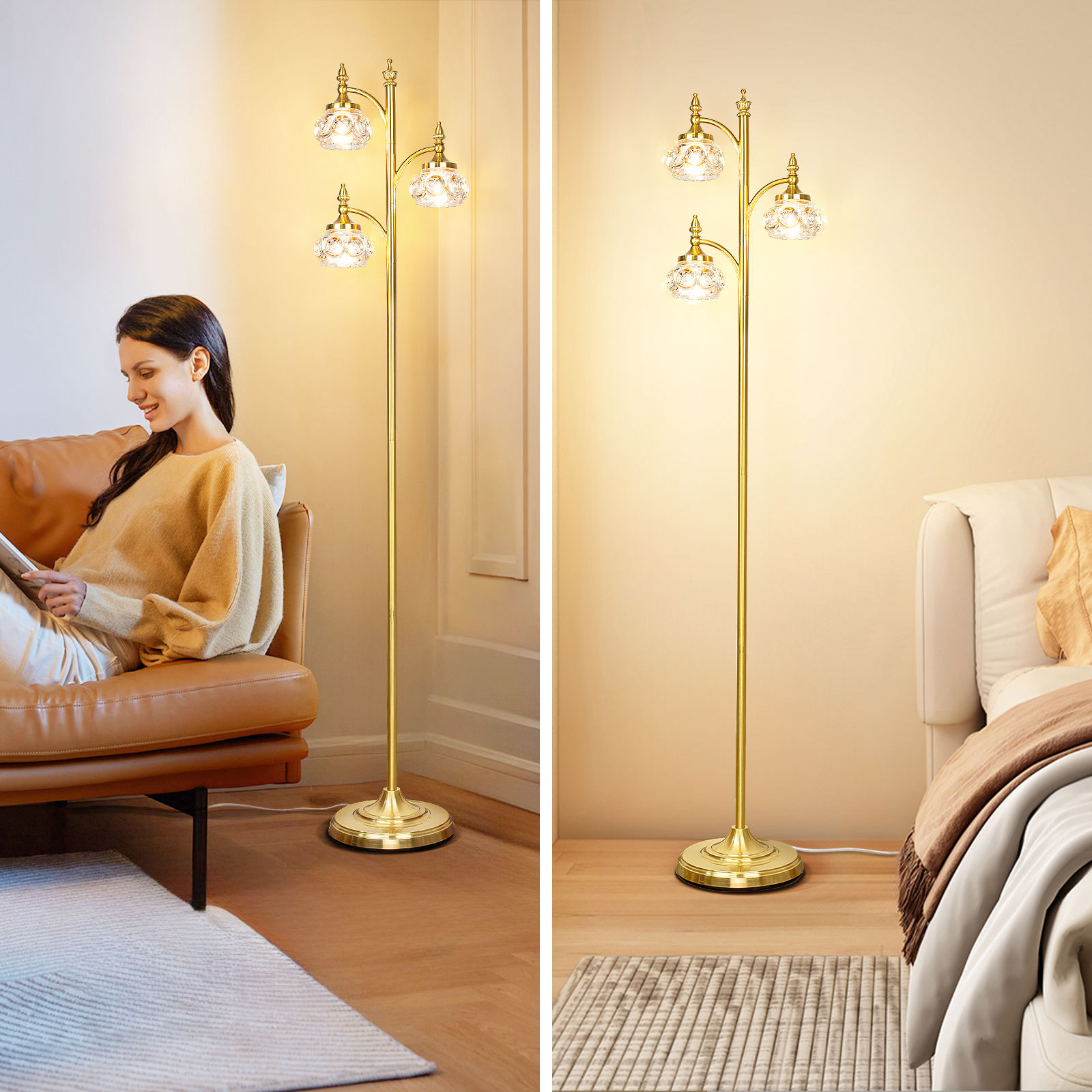 Metal & glass shade floor lamp 3 heads