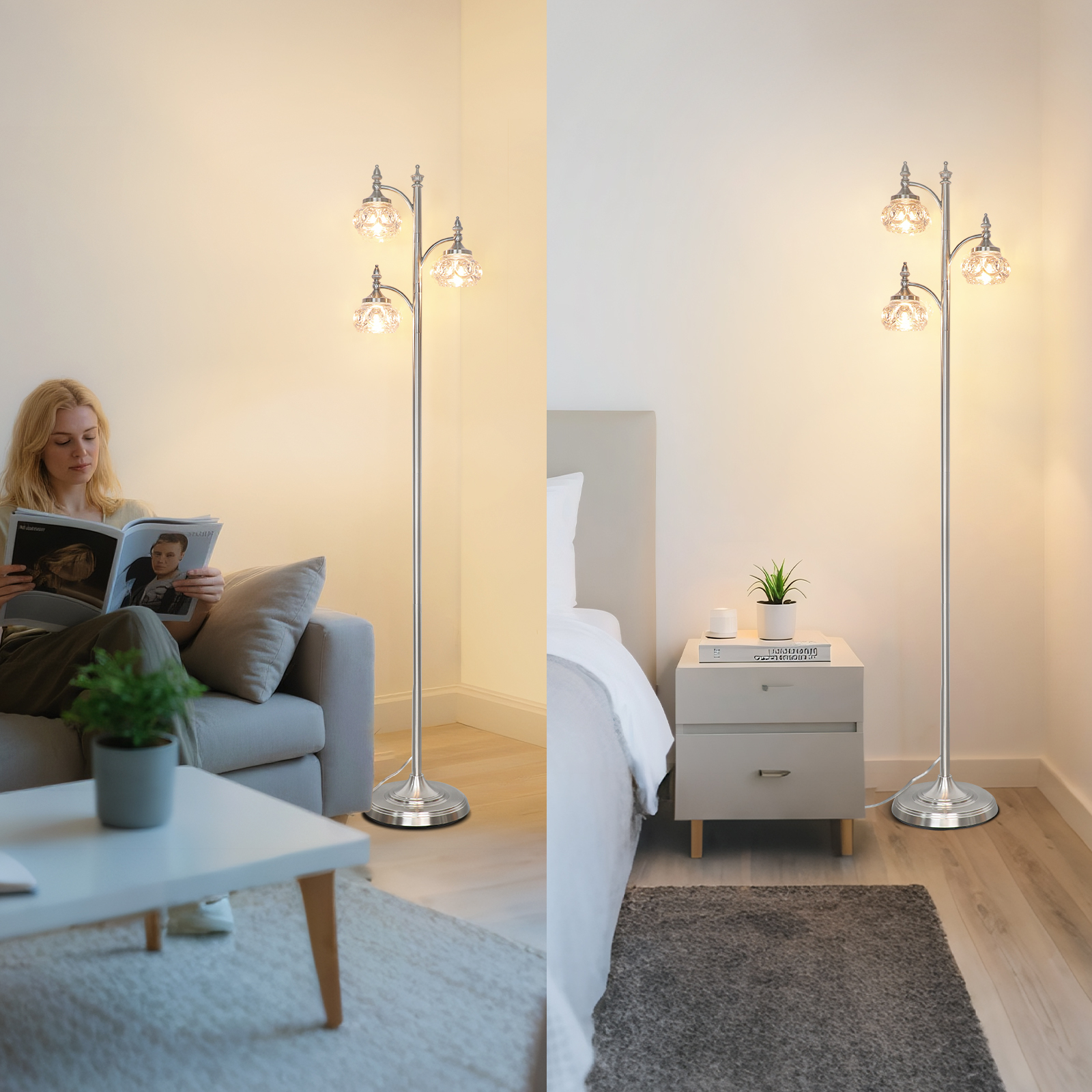 Metal & glass shade floor lamp 3 heads