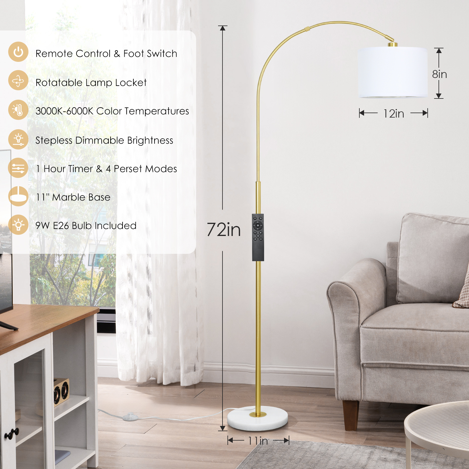Arc floor lamp with remote control bulb
