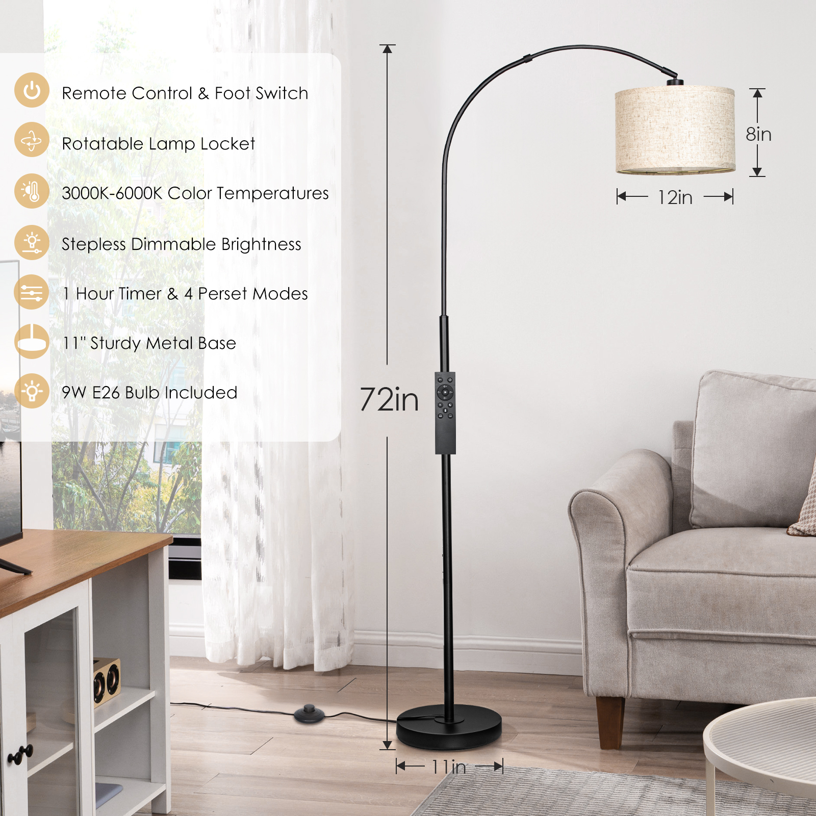 Arc floor lamp with remote control bulb