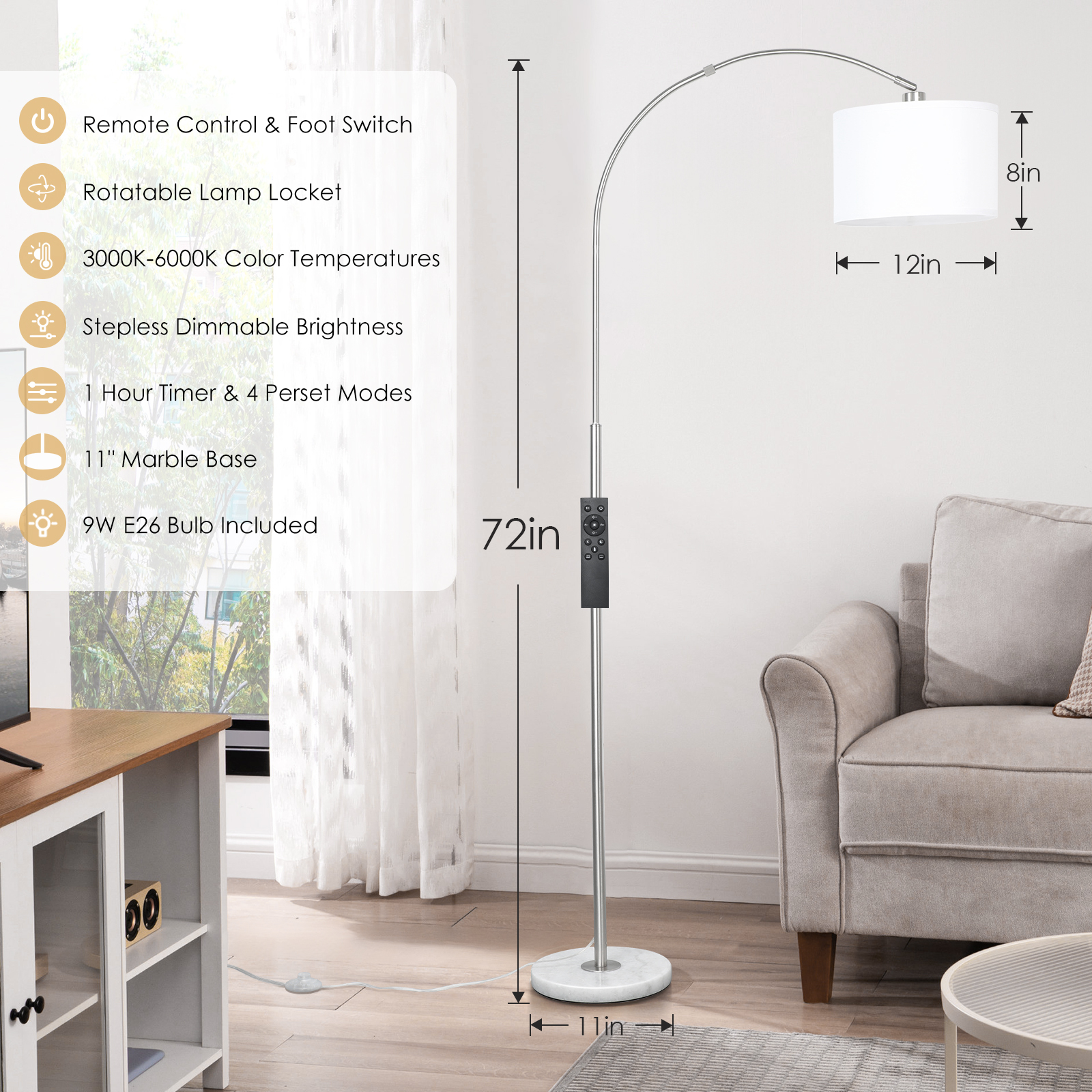 Arc floor lamp with remote control bulb