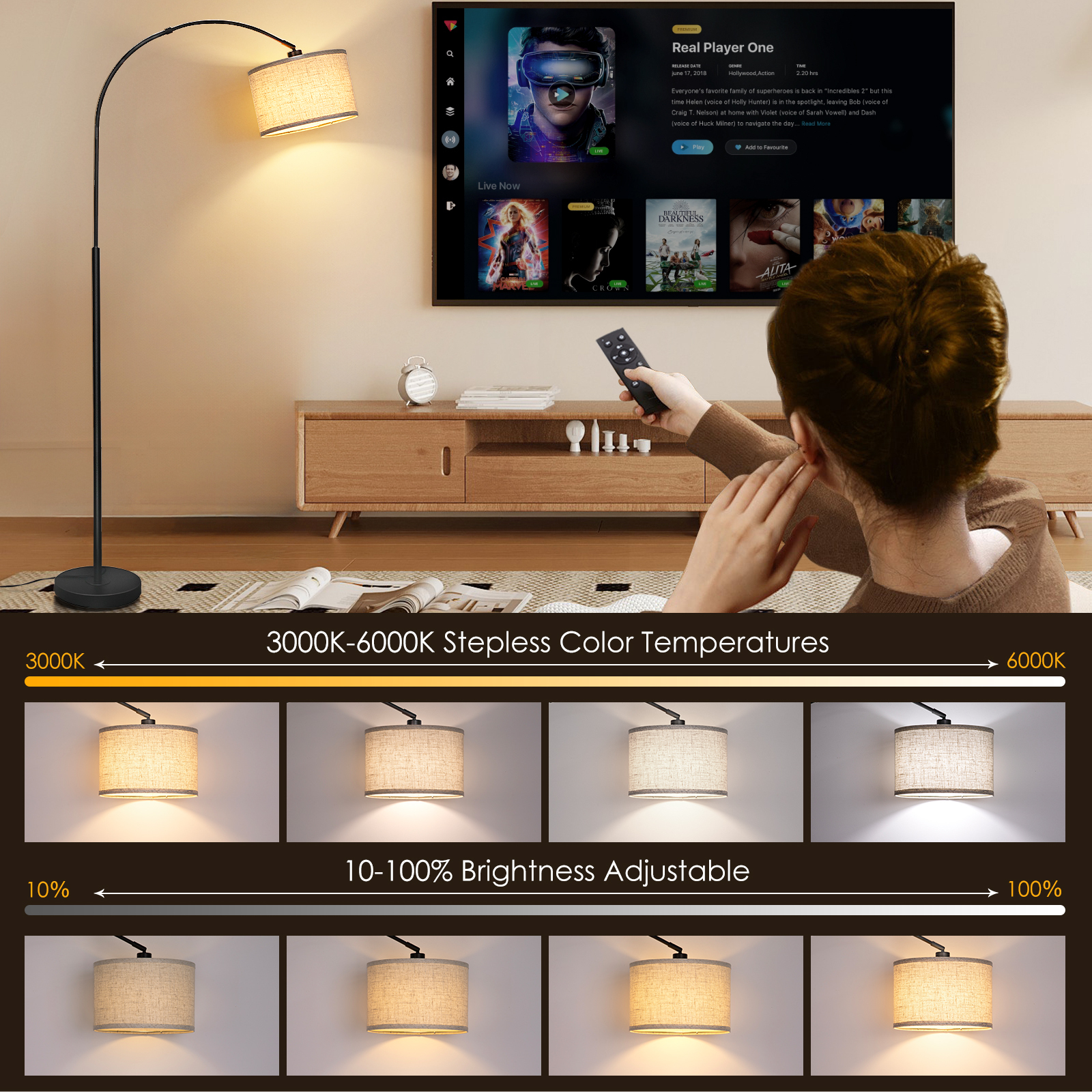 Arc floor lamp with remote control bulb