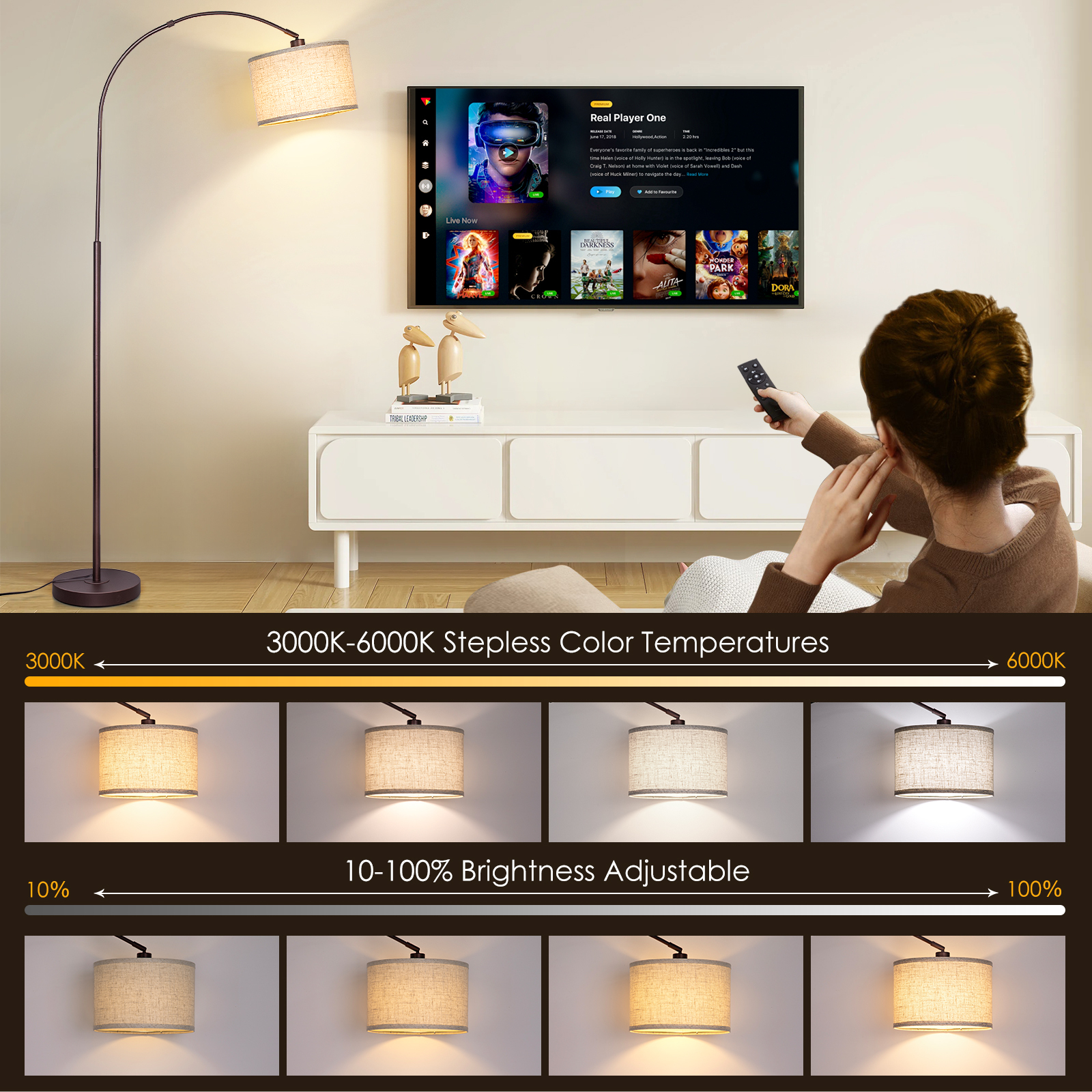 Arc floor lamp with remote control bulb