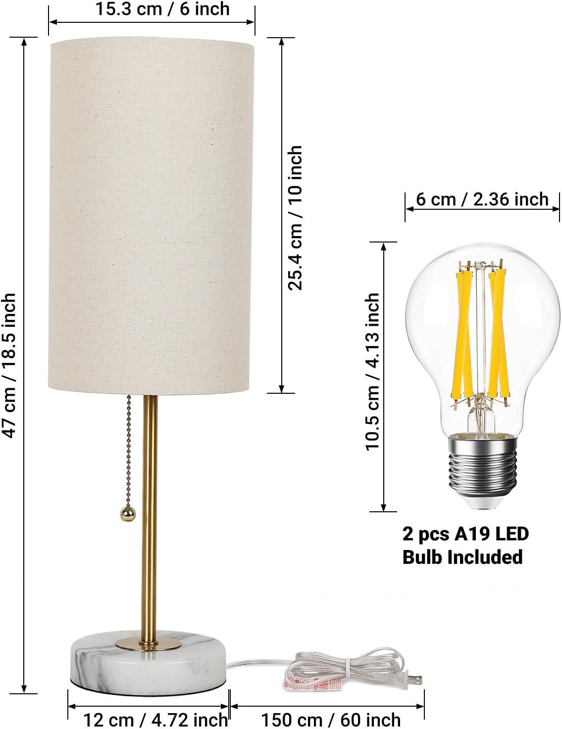 Marble Base Small Table Lamp 19in-2Pack