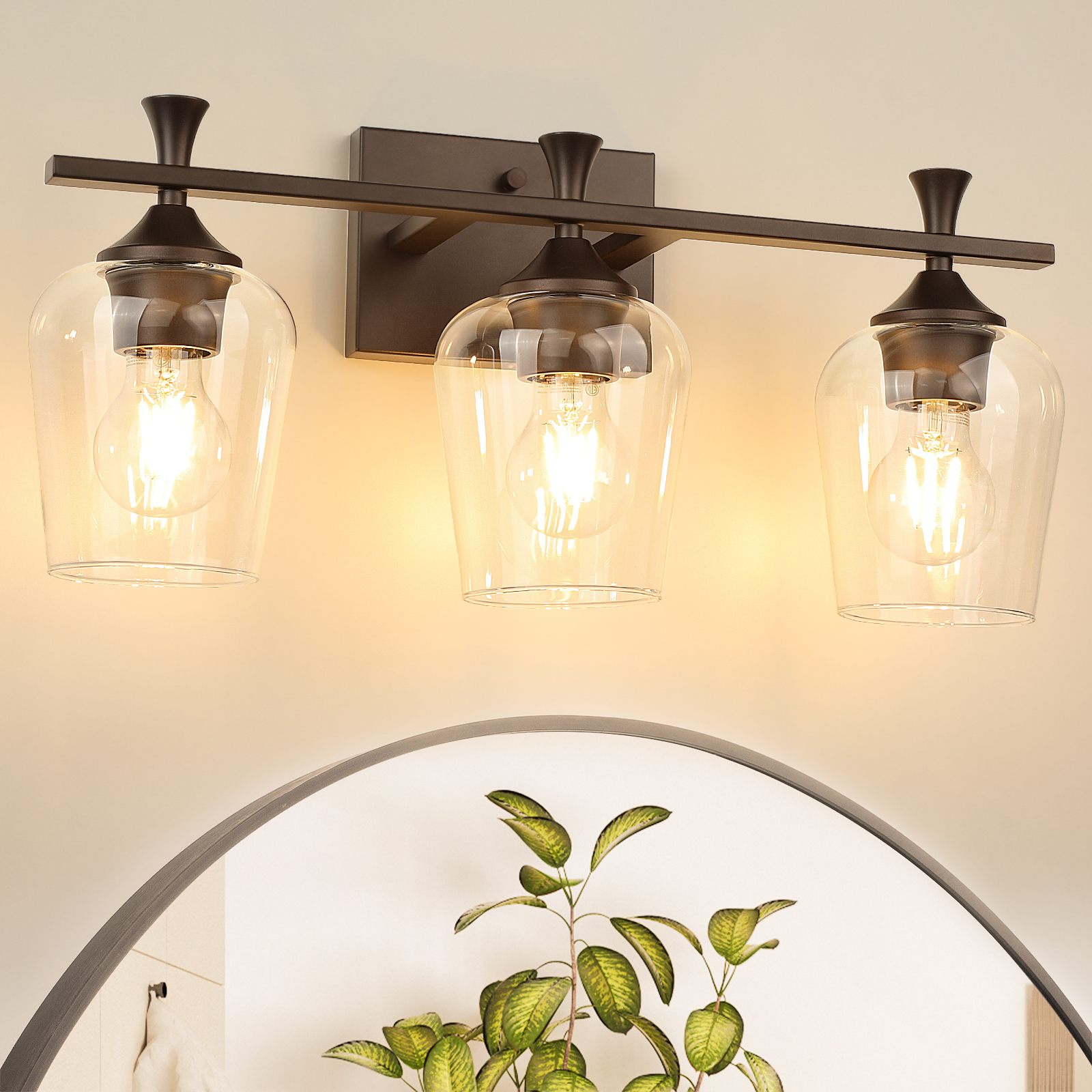 3 Light Bathroom Vanity Light Fixtures,Modern Brushed Gold Vanity Lights with High Clear Wine Glass Bathroom Lighting Over Mirror Wall Lamp for Kitchen Living Room Hallway Cabinet Porch