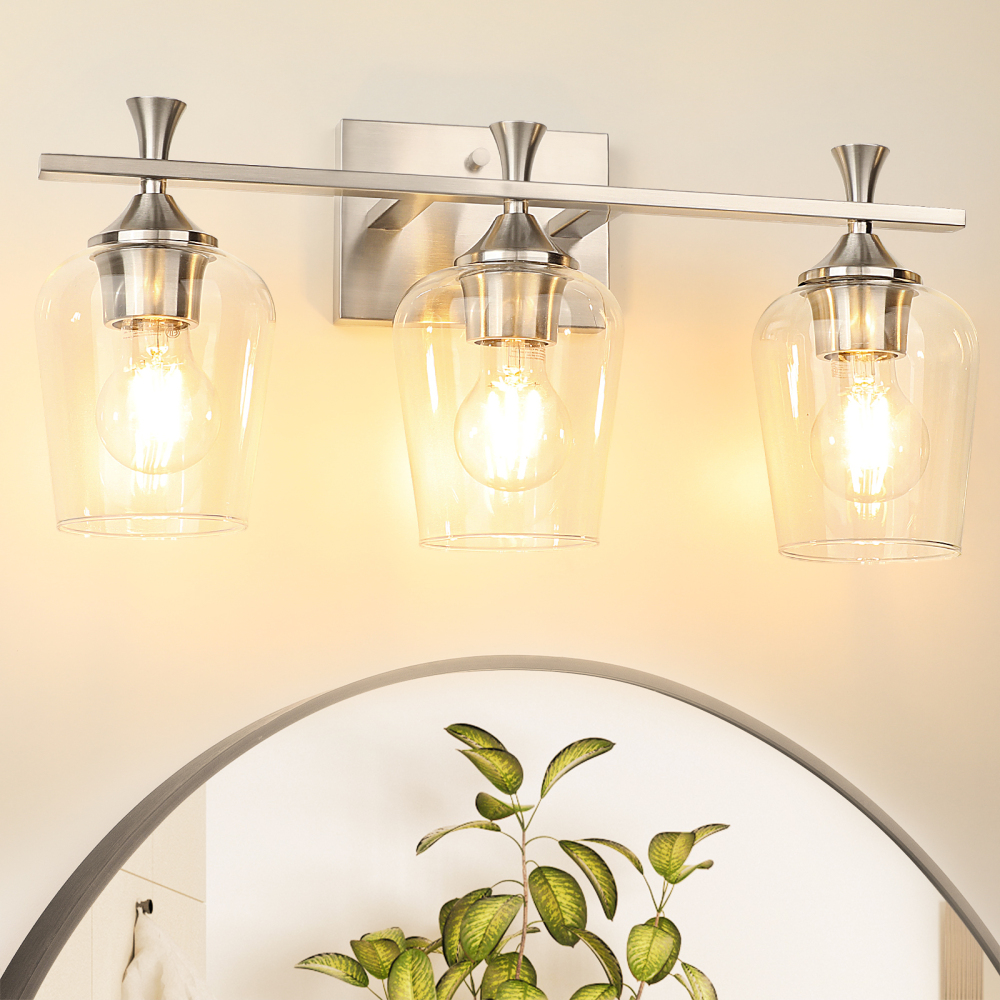 3 Light Bathroom Vanity Light Fixtures,Modern Brushed Gold Vanity Lights with High Clear Wine Glass Bathroom Lighting Over Mirror Wall Lamp for Kitchen Living Room Hallway Cabinet Porch