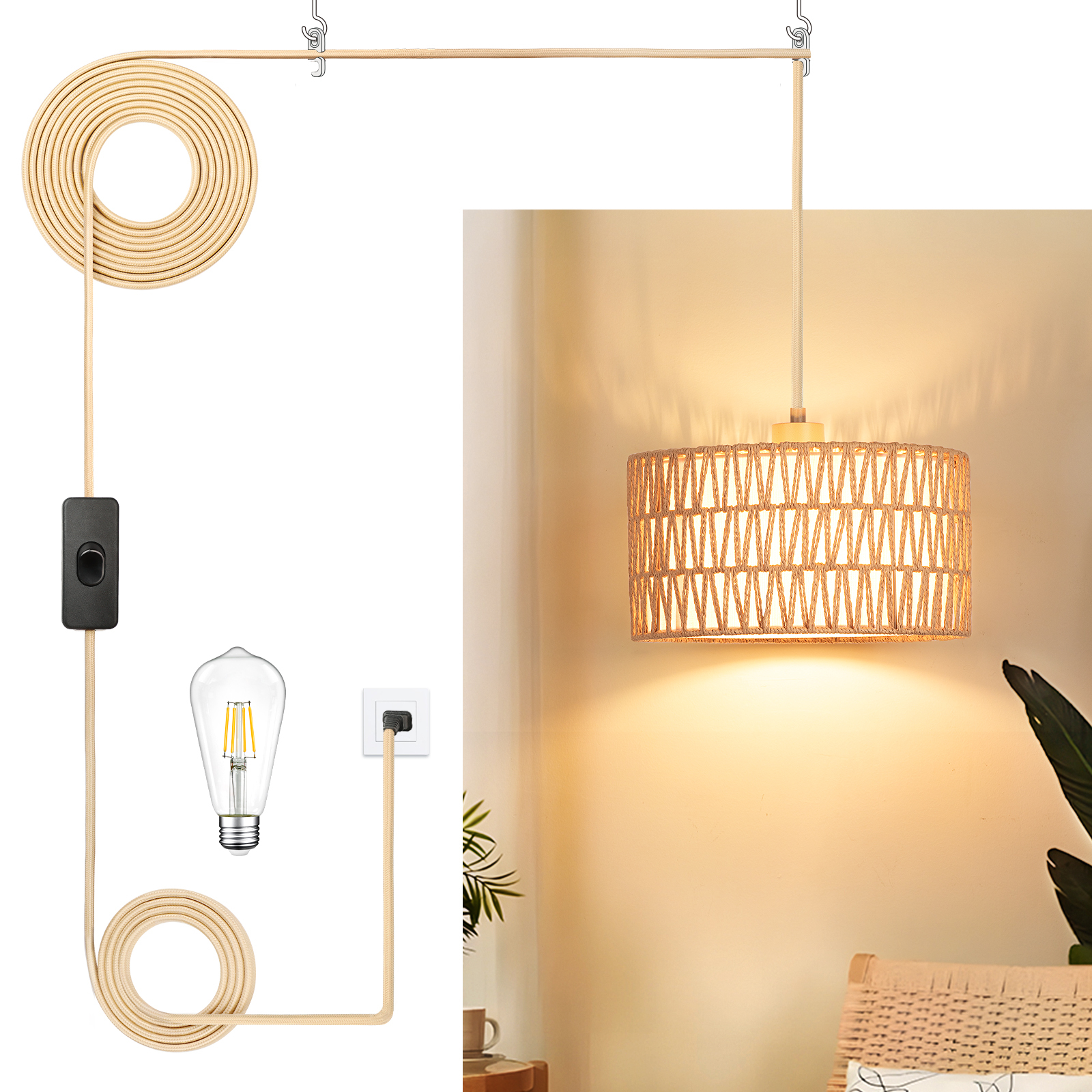 Rattan lampshade & cloth lampshade hanging lamp