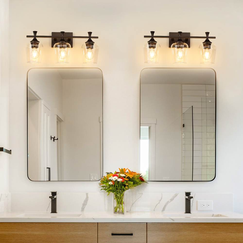 3 Light Bathroom Vanity Light Fixtures,Modern Brushed Gold Vanity Lights with High Clear Wine Glass Bathroom Lighting Over Mirror Wall Lamp for Kitchen Living Room Hallway Cabinet Porch