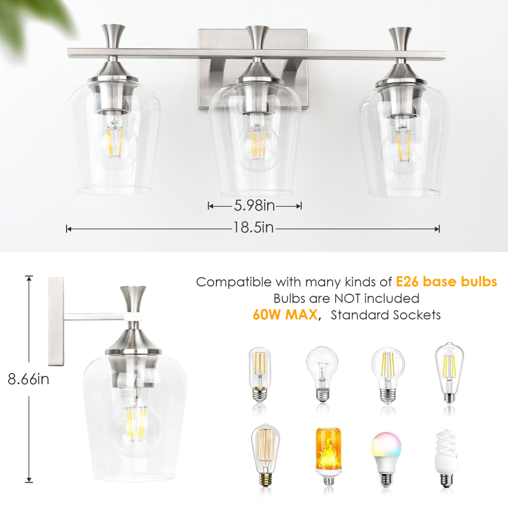 3 Light Bathroom Vanity Light Fixtures,Modern Brushed Gold Vanity Lights with High Clear Wine Glass Bathroom Lighting Over Mirror Wall Lamp for Kitchen Living Room Hallway Cabinet Porch