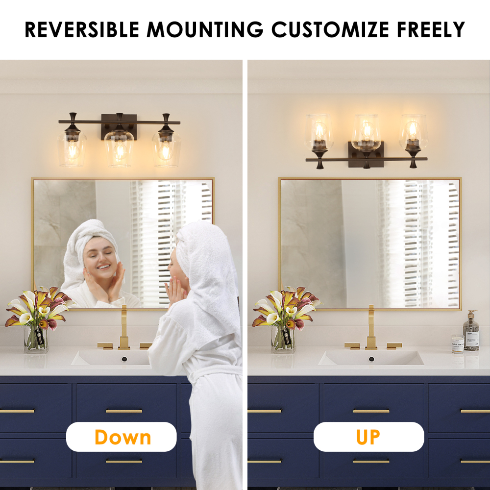 3 Light Bathroom Vanity Light Fixtures,Modern Brushed Gold Vanity Lights with High Clear Wine Glass Bathroom Lighting Over Mirror Wall Lamp for Kitchen Living Room Hallway Cabinet Porch