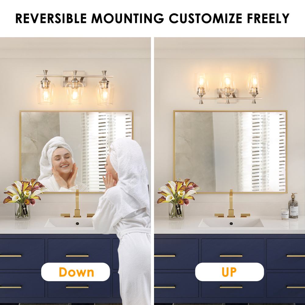 3 Light Bathroom Vanity Light Fixtures,Modern Brushed Gold Vanity Lights with High Clear Wine Glass Bathroom Lighting Over Mirror Wall Lamp for Kitchen Living Room Hallway Cabinet Porch
