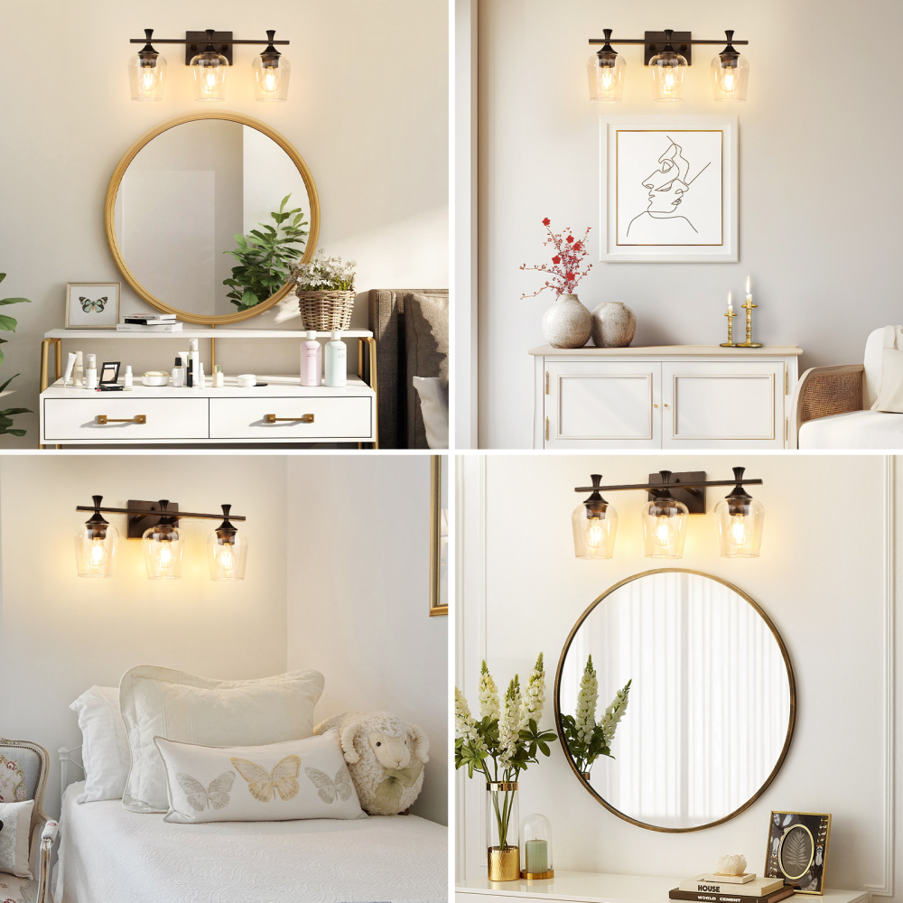 3 Light Bathroom Vanity Light Fixtures,Modern Brushed Gold Vanity Lights with High Clear Wine Glass Bathroom Lighting Over Mirror Wall Lamp for Kitchen Living Room Hallway Cabinet Porch