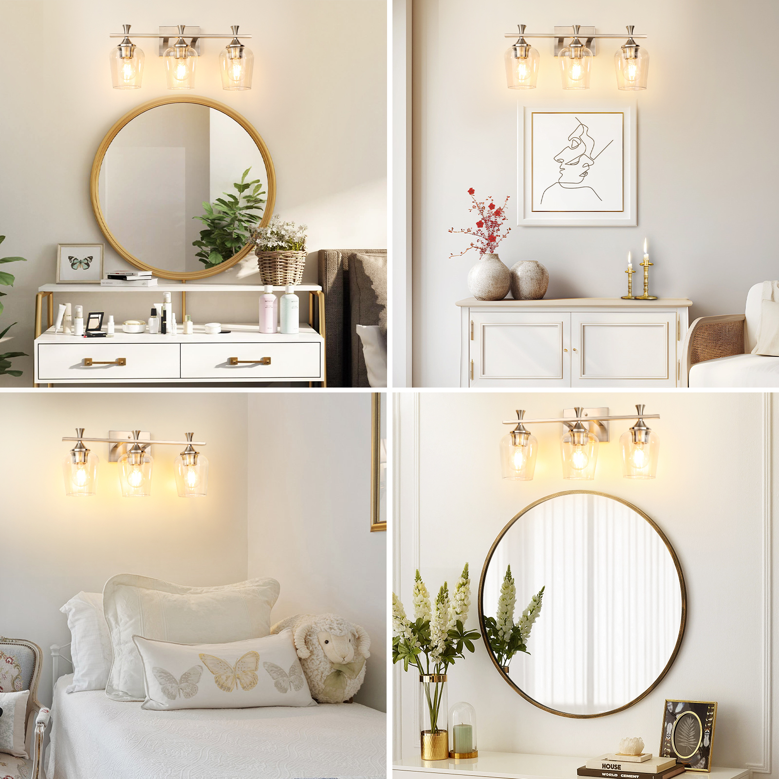 3 Light Bathroom Vanity Light Fixtures,Modern Brushed Gold Vanity Lights with High Clear Wine Glass Bathroom Lighting Over Mirror Wall Lamp for Kitchen Living Room Hallway Cabinet Porch