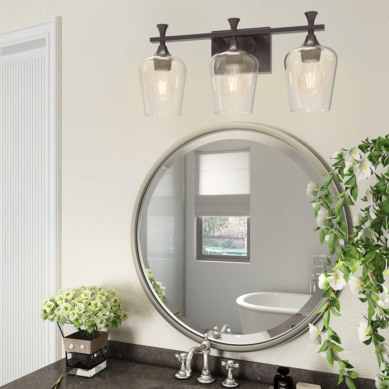 3 Light Bathroom Vanity Light Fixtures,Modern Brushed Gold Vanity Lights with High Clear Wine Glass Bathroom Lighting Over Mirror Wall Lamp for Kitchen Living Room Hallway Cabinet Porch