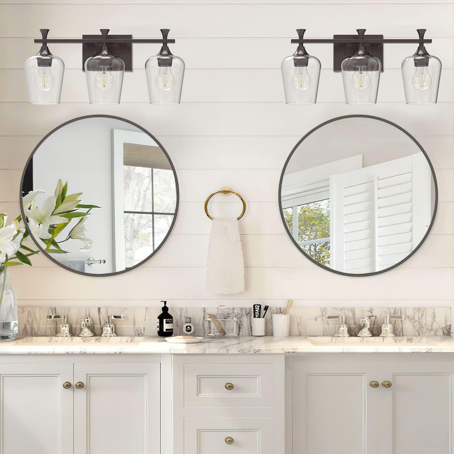 3 Light Bathroom Vanity Light Fixtures,Modern Brushed Gold Vanity Lights with High Clear Wine Glass Bathroom Lighting Over Mirror Wall Lamp for Kitchen Living Room Hallway Cabinet Porch