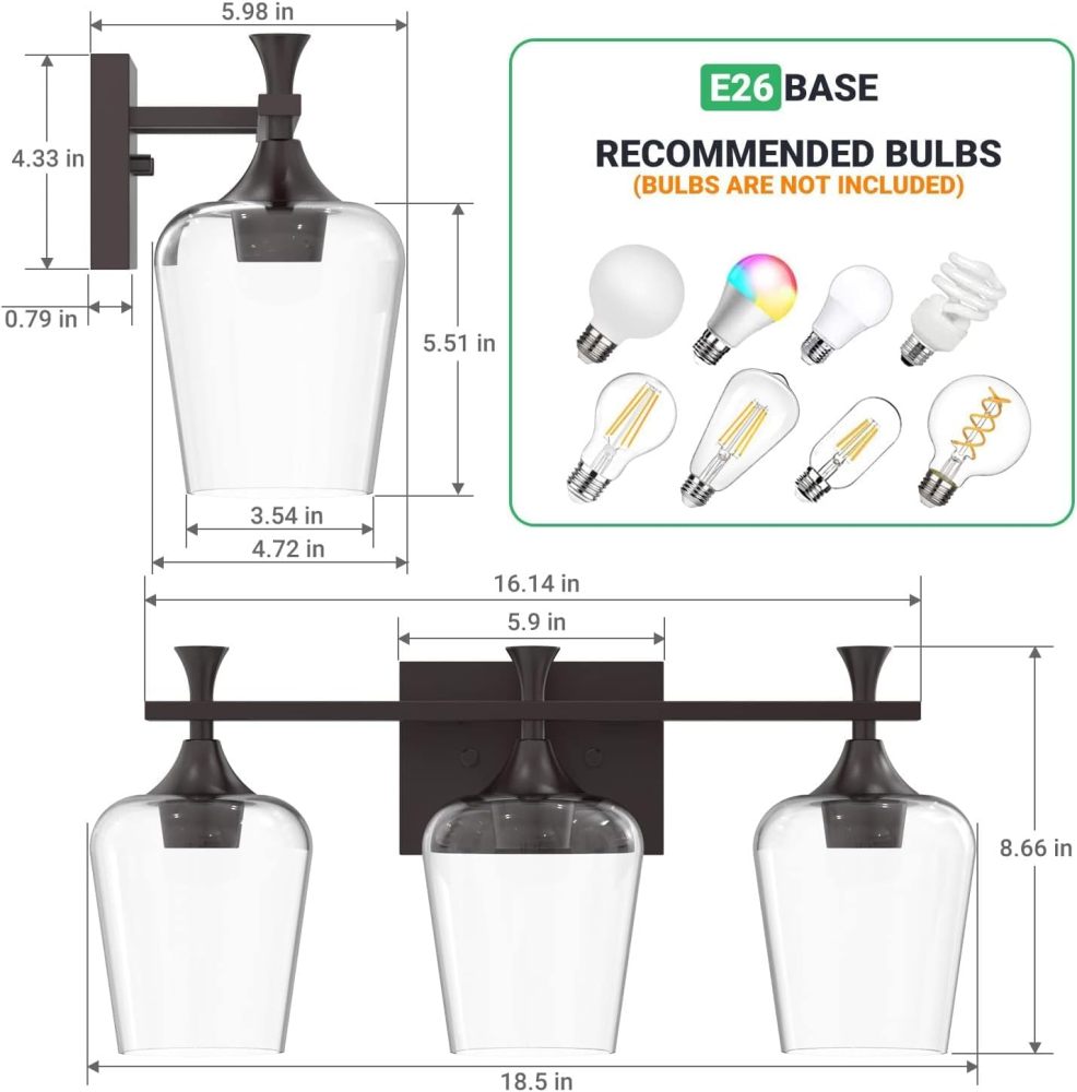 3 Light Bathroom Vanity Light Fixtures,Modern Brushed Gold Vanity Lights with High Clear Wine Glass Bathroom Lighting Over Mirror Wall Lamp for Kitchen Living Room Hallway Cabinet Porch