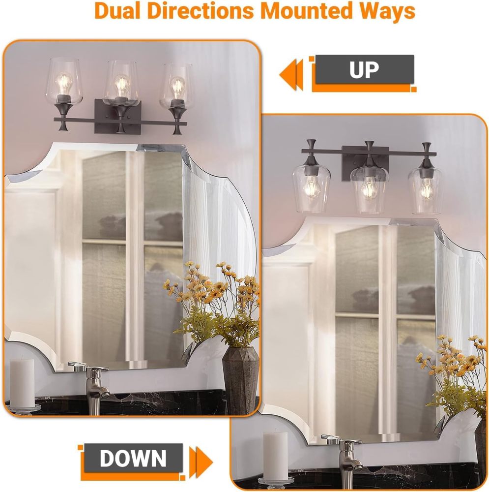 3 Light Bathroom Vanity Light Fixtures,Modern Brushed Gold Vanity Lights with High Clear Wine Glass Bathroom Lighting Over Mirror Wall Lamp for Kitchen Living Room Hallway Cabinet Porch