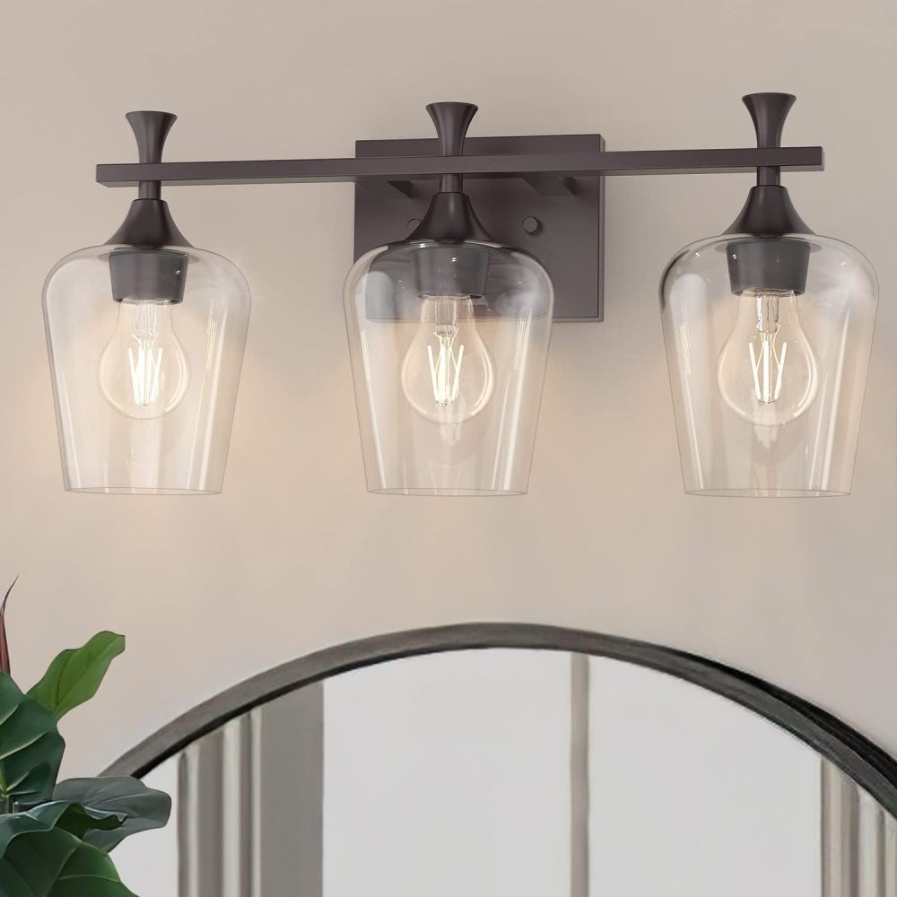 3 Light Bathroom Vanity Light Fixtures,Modern Brushed Gold Vanity Lights with High Clear Wine Glass Bathroom Lighting Over Mirror Wall Lamp for Kitchen Living Room Hallway Cabinet Porch