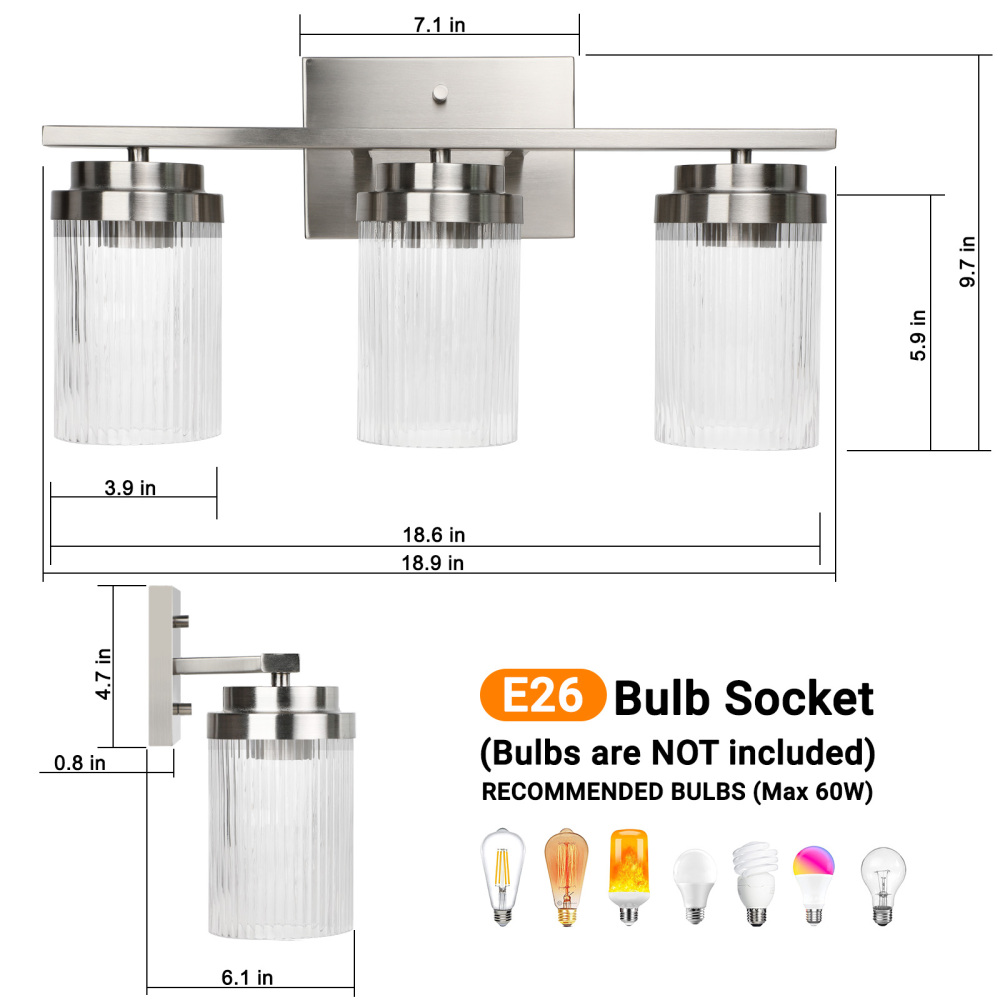 Striped Glass Bathroom Wall Light 3 Heads