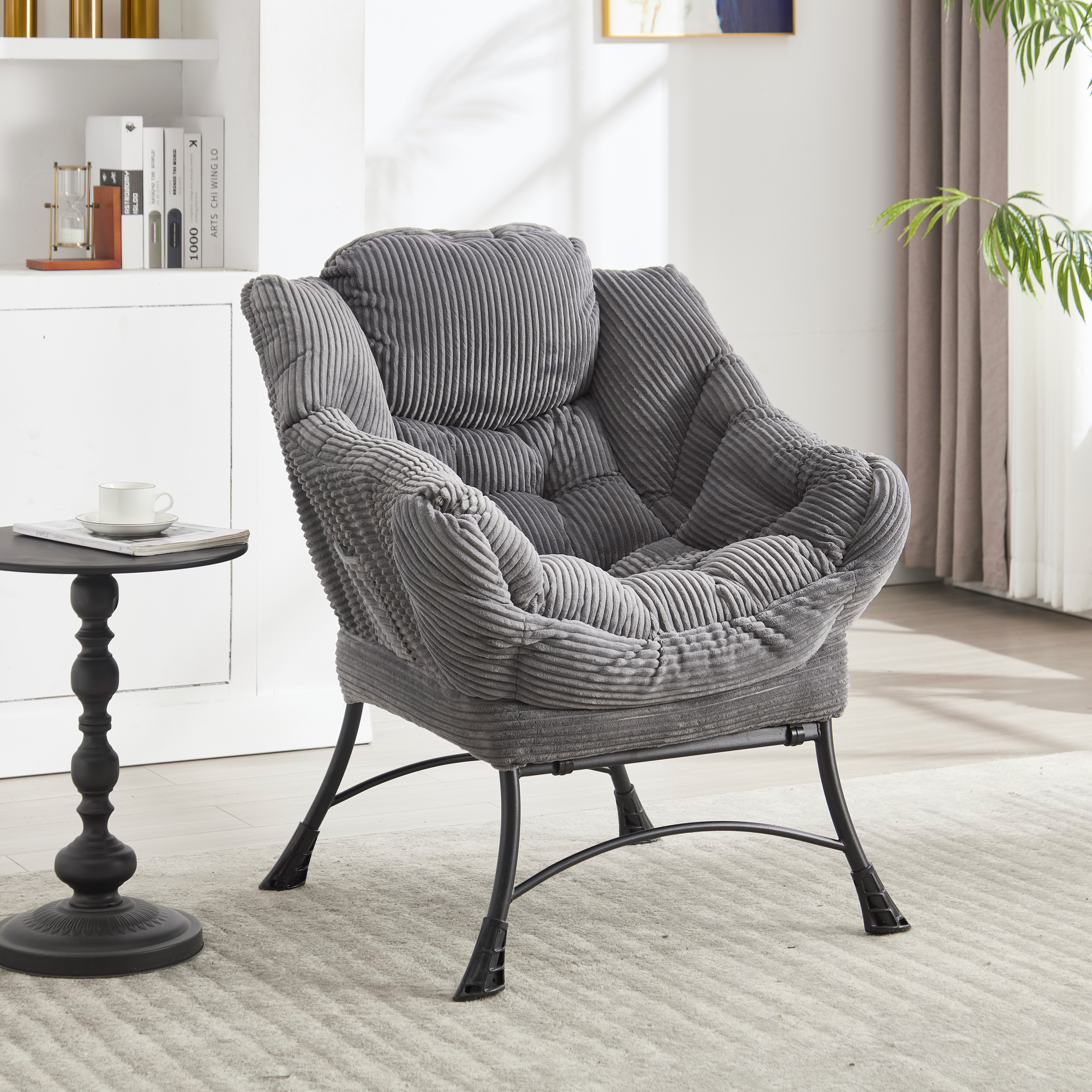 Lazy Chair with Ottoman, Modern Lounge Accent Chair with Armrests and a Side Pocket, Leisure Upholstered Sofa Chair Reading Chair with Footrest for Small Space, Corner Chair-Grey?