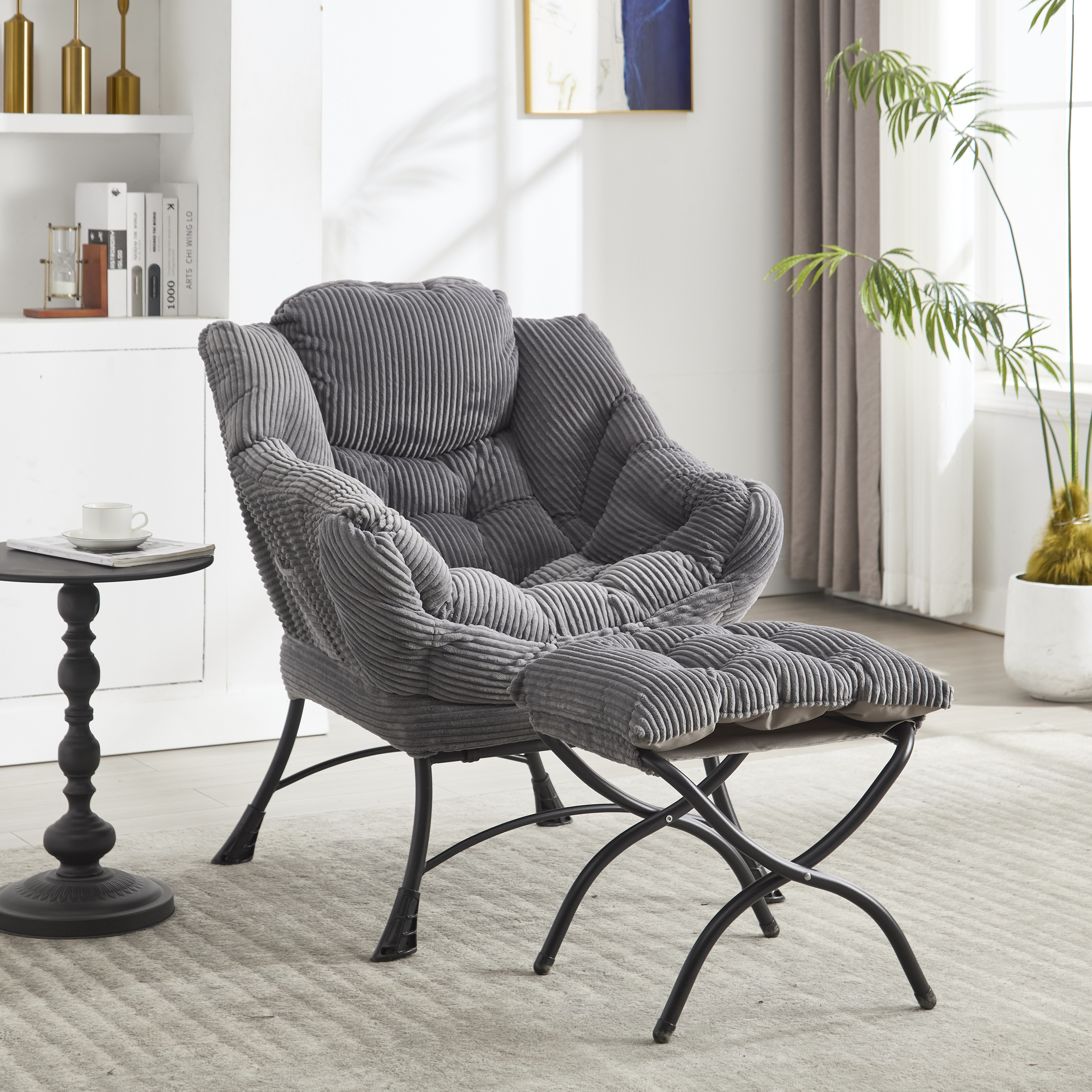 Lazy Chair with Ottoman, Modern Lounge Accent Chair with Armrests and a Side Pocket, Leisure Upholstered Sofa Chair Reading Chair with Footrest for Small Space, Corner Chair-Grey?