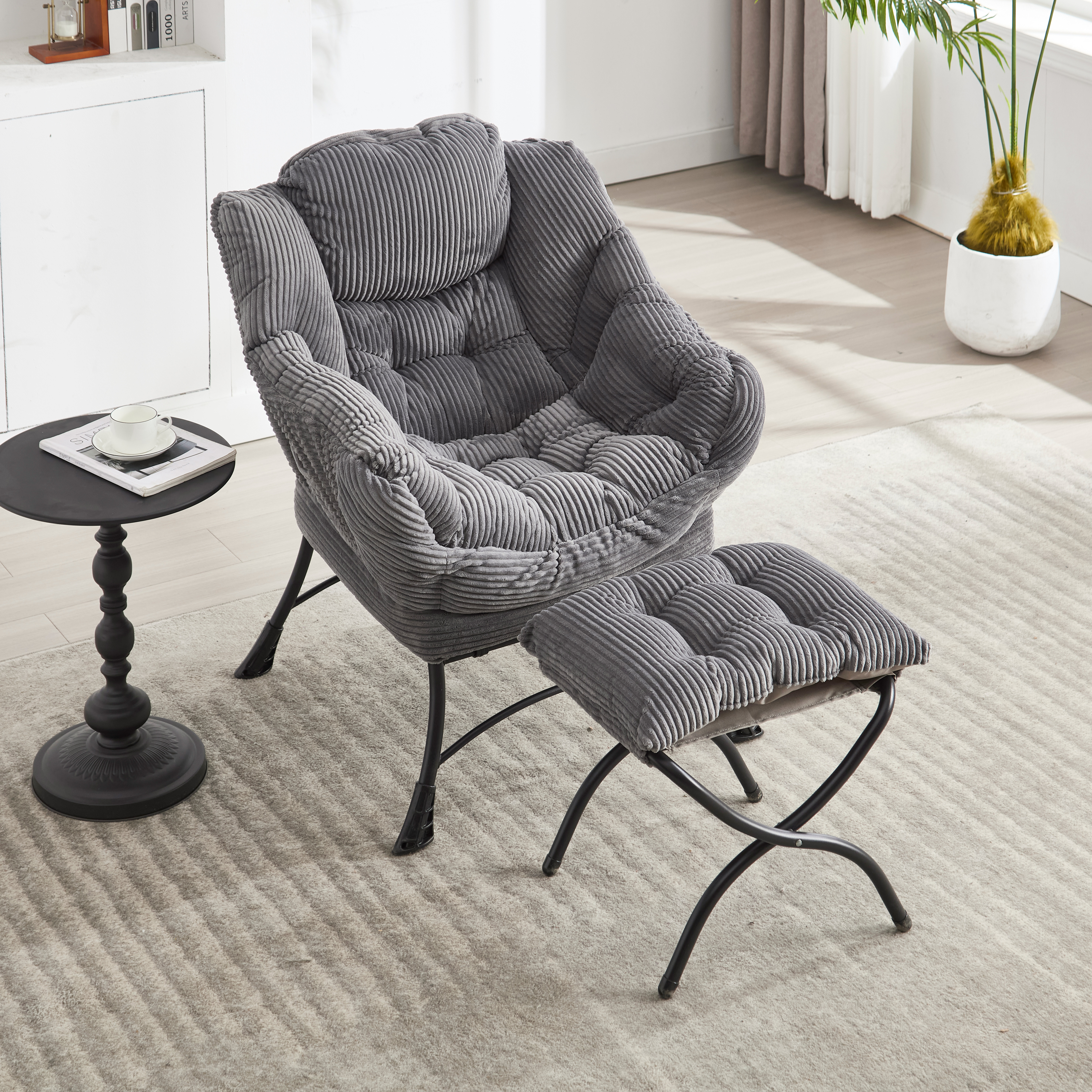 Lazy Chair with Ottoman, Modern Lounge Accent Chair with Armrests and a Side Pocket, Leisure Upholstered Sofa Chair Reading Chair with Footrest for Small Space, Corner Chair-Grey?