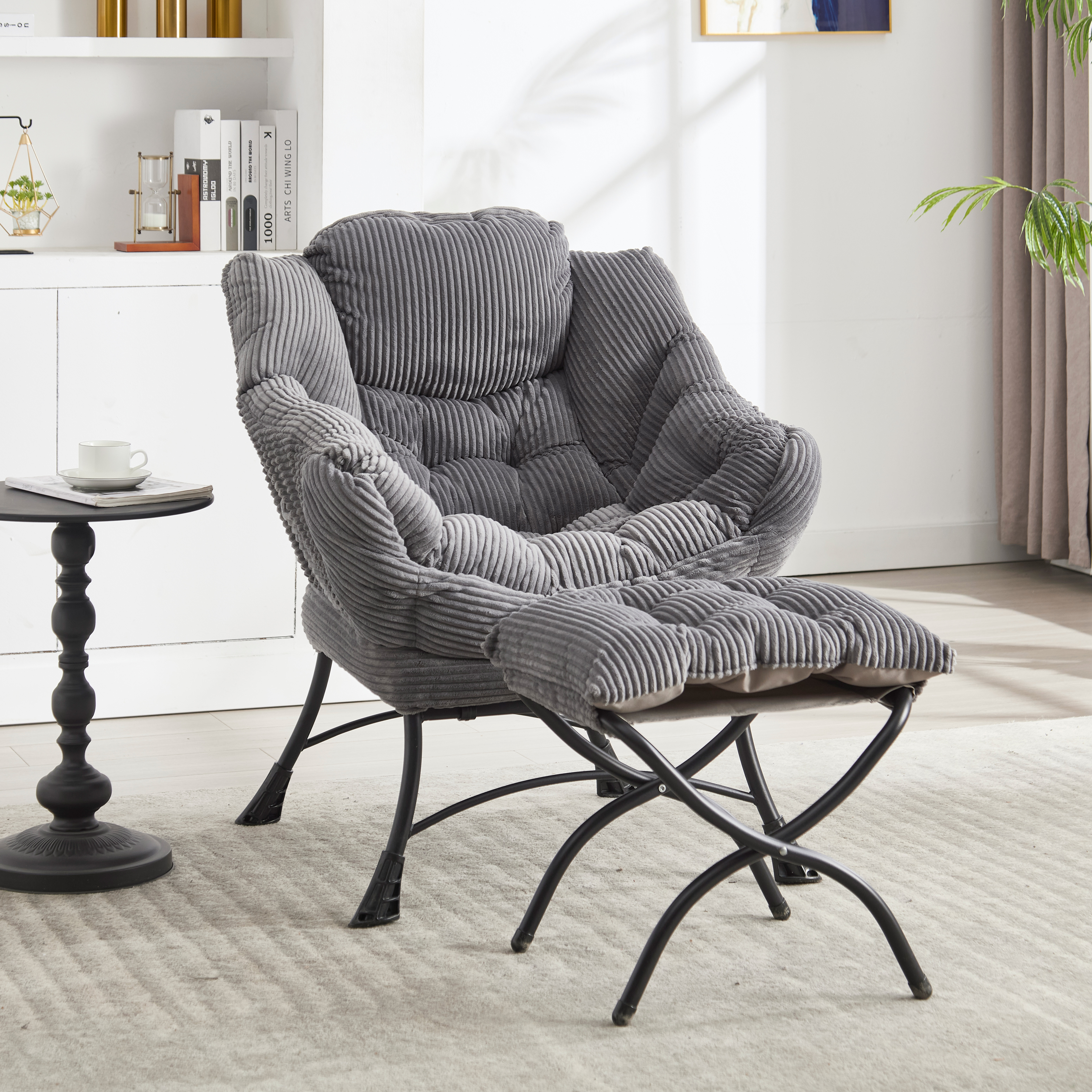Lazy Chair with Ottoman, Modern Lounge Accent Chair with Armrests and a Side Pocket, Leisure Upholstered Sofa Chair Reading Chair with Footrest for Small Space, Corner Chair-Grey?