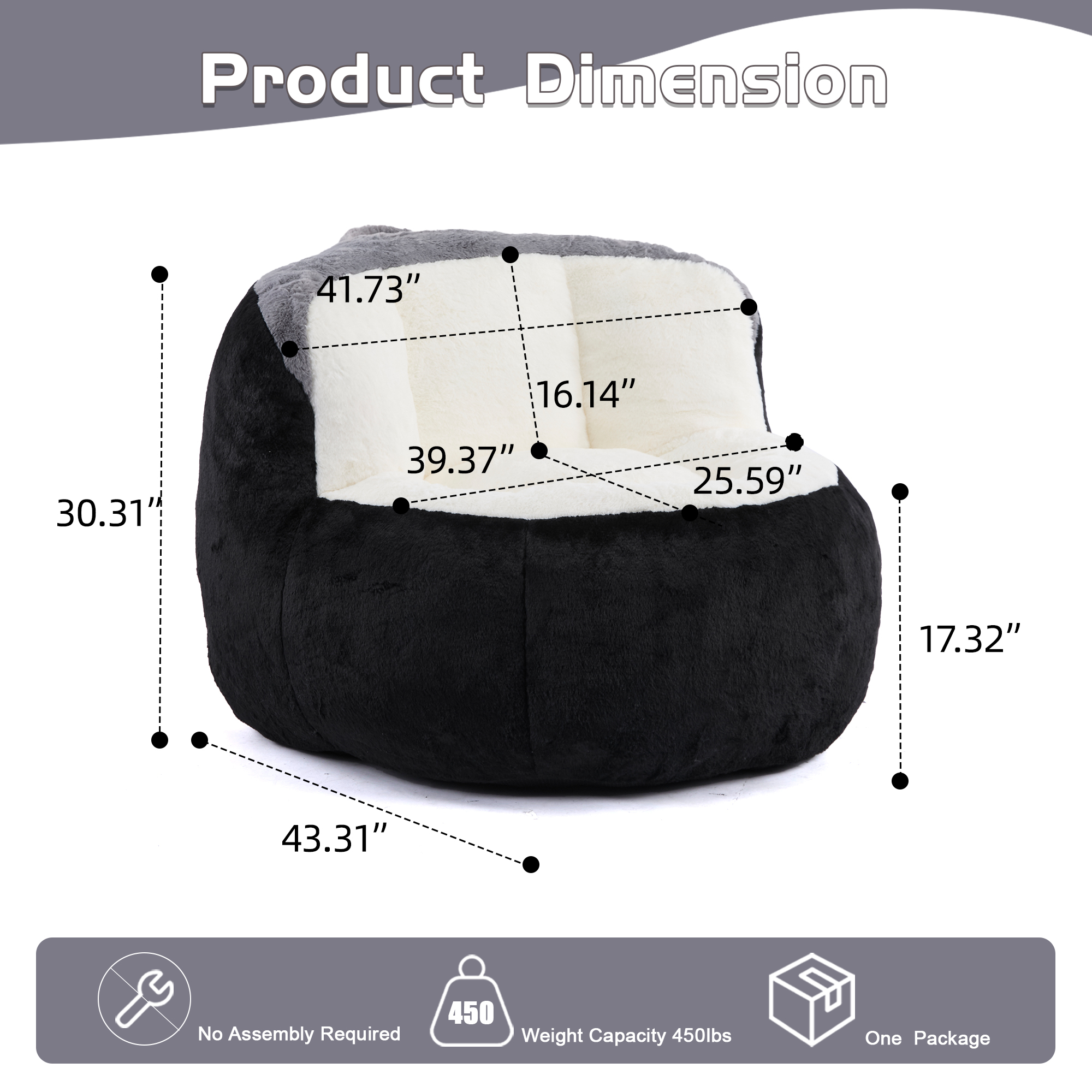 Oversized Bean Bag Chairs,Multicolor Faux Fur Couch Filled with Shredded Sponge,Large Lounger Sofa For Living Room,No Assembly Required , Black+White+Grey