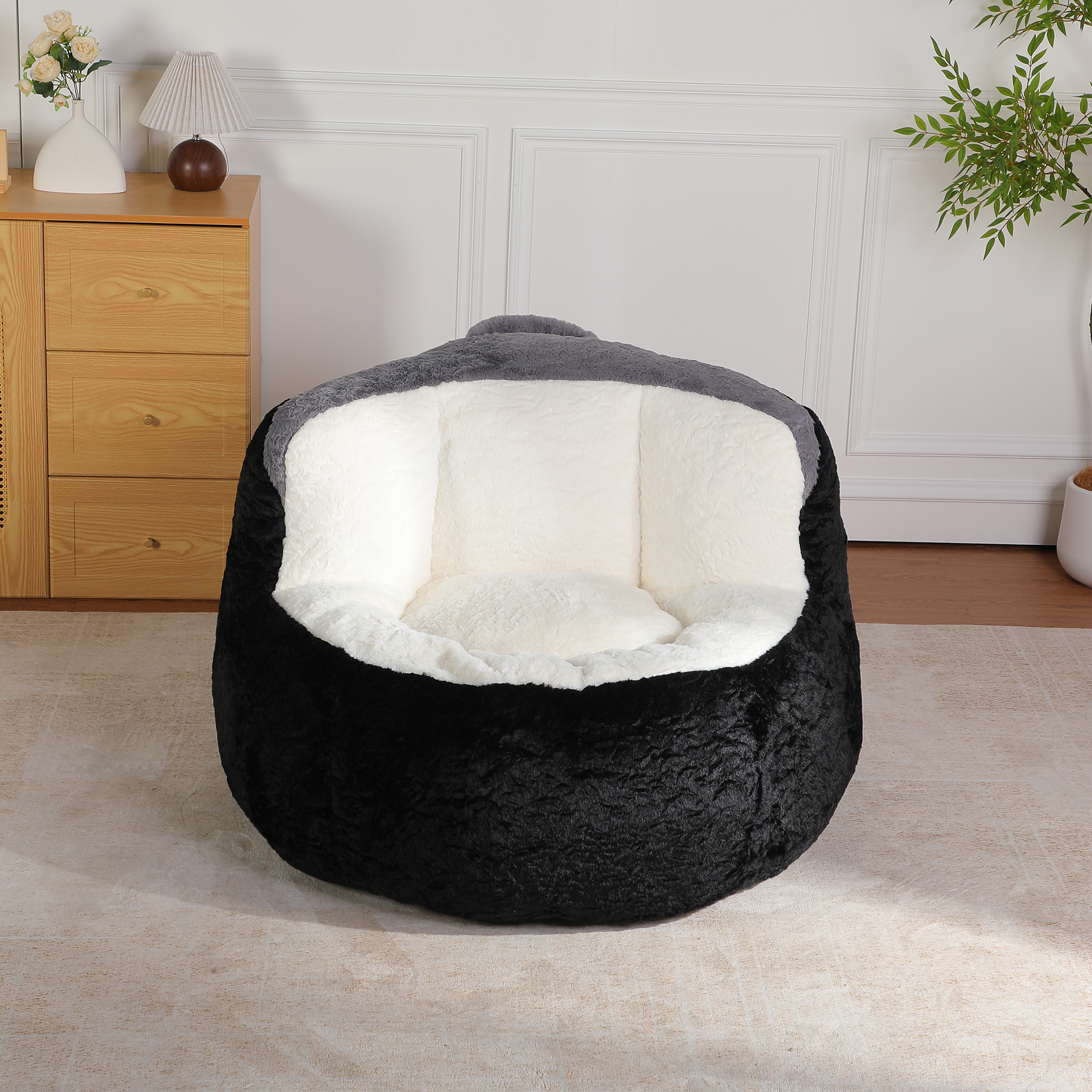 Oversized Bean Bag Chairs,Multicolor Faux Fur Couch Filled with Shredded Sponge,Large Lounger Sofa For Living Room,No Assembly Required , Black+White+Grey