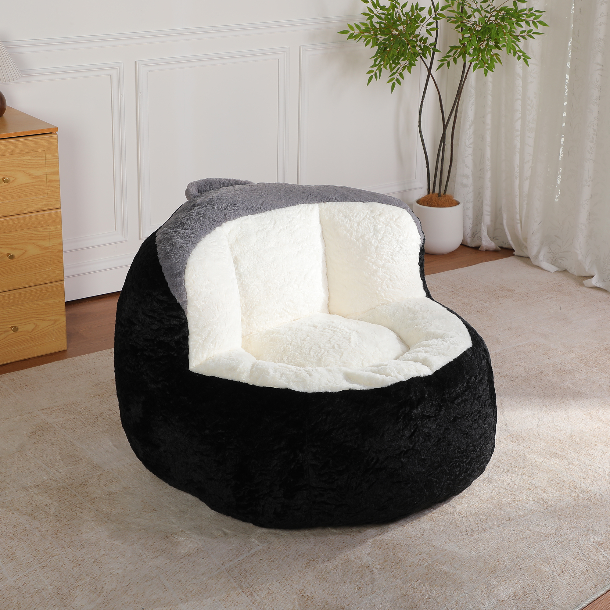 Oversized Bean Bag Chairs,Multicolor Faux Fur Couch Filled with Shredded Sponge,Large Lounger Sofa For Living Room,No Assembly Required , Black+White+Grey