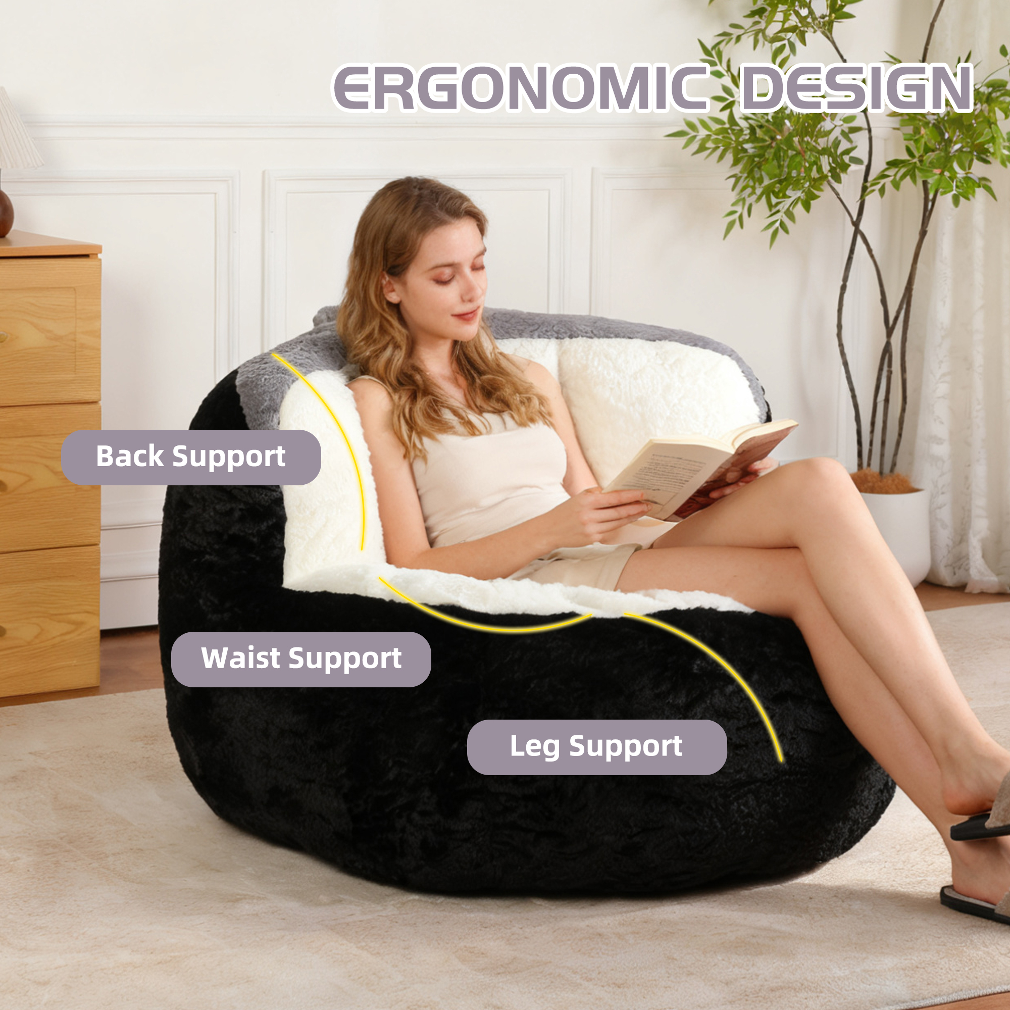 Oversized Bean Bag Chairs,Multicolor Faux Fur Couch Filled with Shredded Sponge,Large Lounger Sofa For Living Room,No Assembly Required , Black+White+Grey