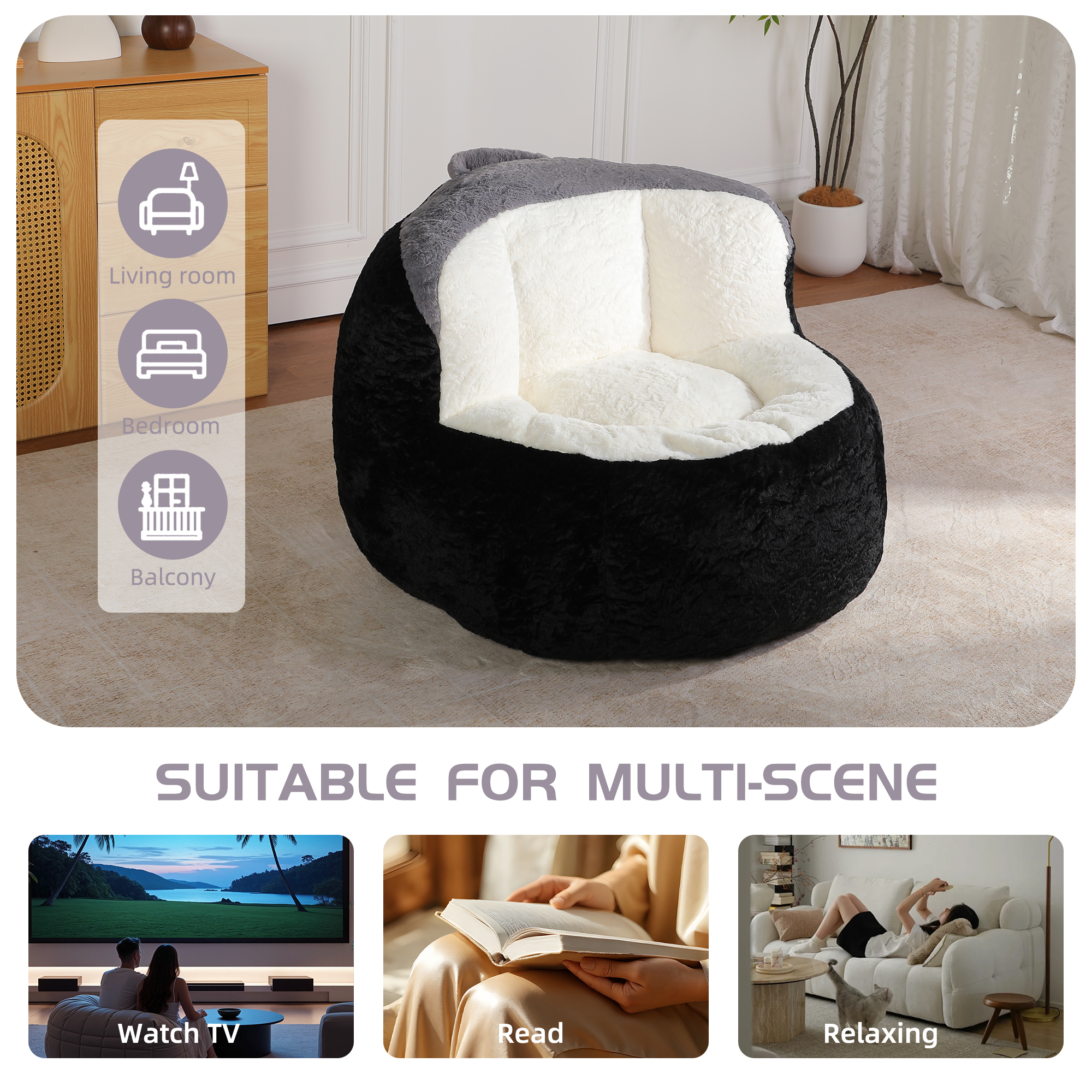 Oversized Bean Bag Chairs,Multicolor Faux Fur Couch Filled with Shredded Sponge,Large Lounger Sofa For Living Room,No Assembly Required , Black+White+Grey