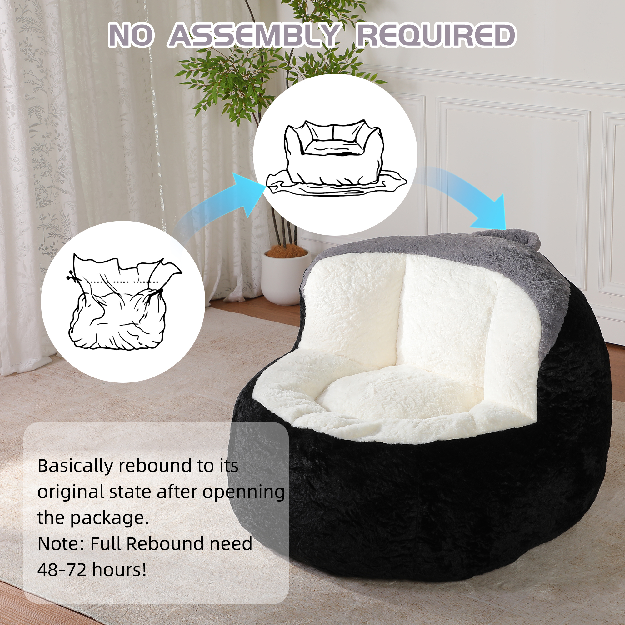 Oversized Bean Bag Chairs,Multicolor Faux Fur Couch Filled with Shredded Sponge,Large Lounger Sofa For Living Room,No Assembly Required , Black+White+Grey