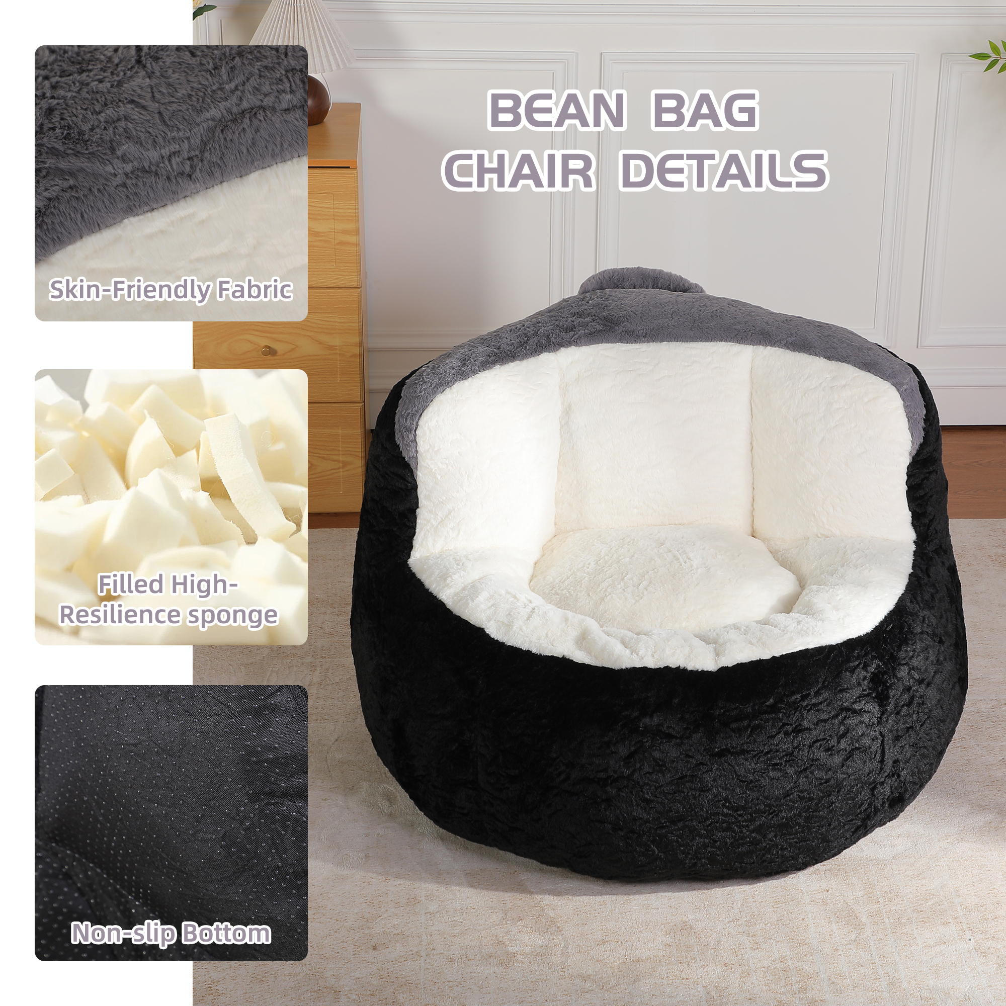 Oversized Bean Bag Chairs,Multicolor Faux Fur Couch Filled with Shredded Sponge,Large Lounger Sofa For Living Room,No Assembly Required , Black+White+Grey