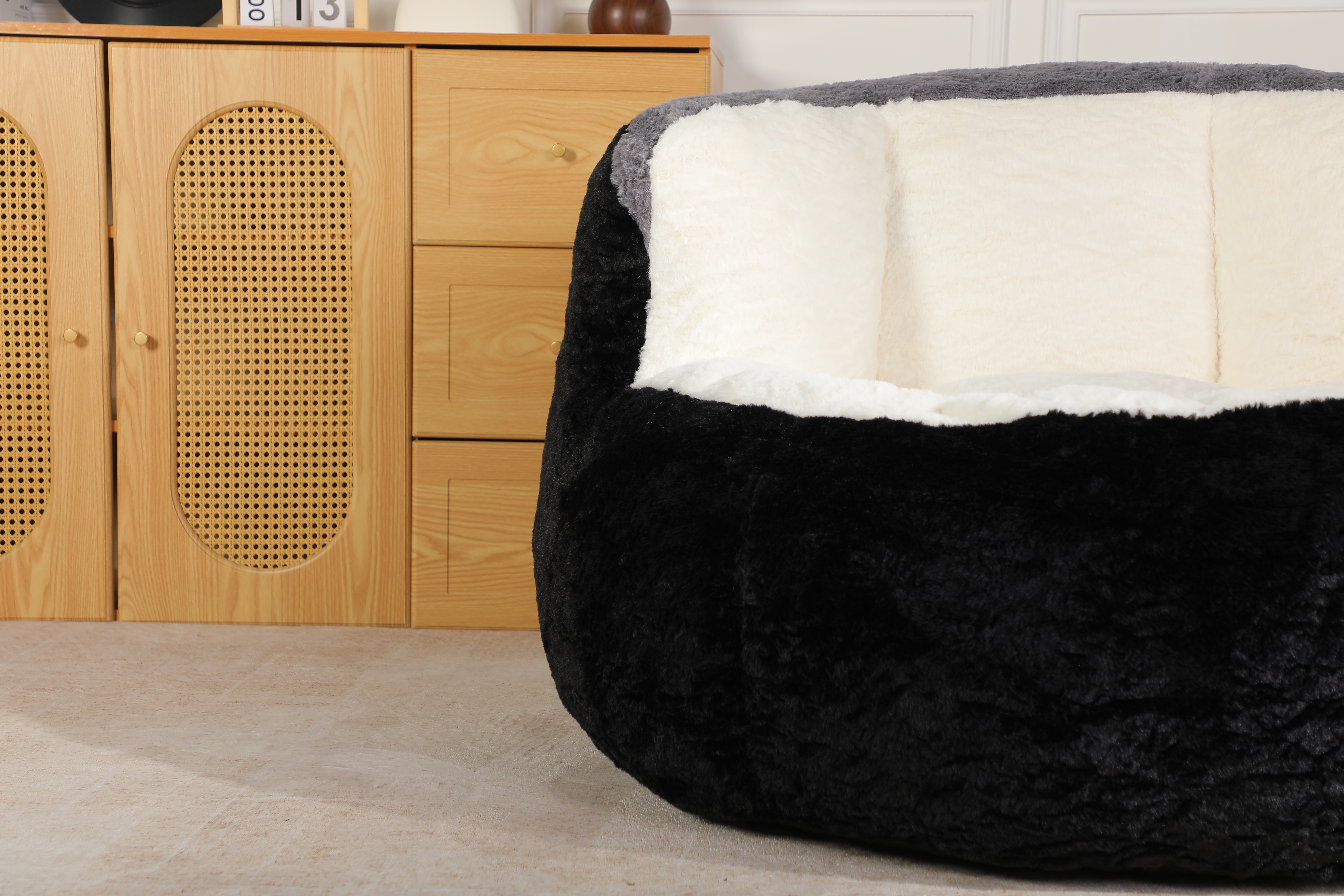 Oversized Bean Bag Chairs,Multicolor Faux Fur Couch Filled with Shredded Sponge,Large Lounger Sofa For Living Room,No Assembly Required , Black+White+Grey