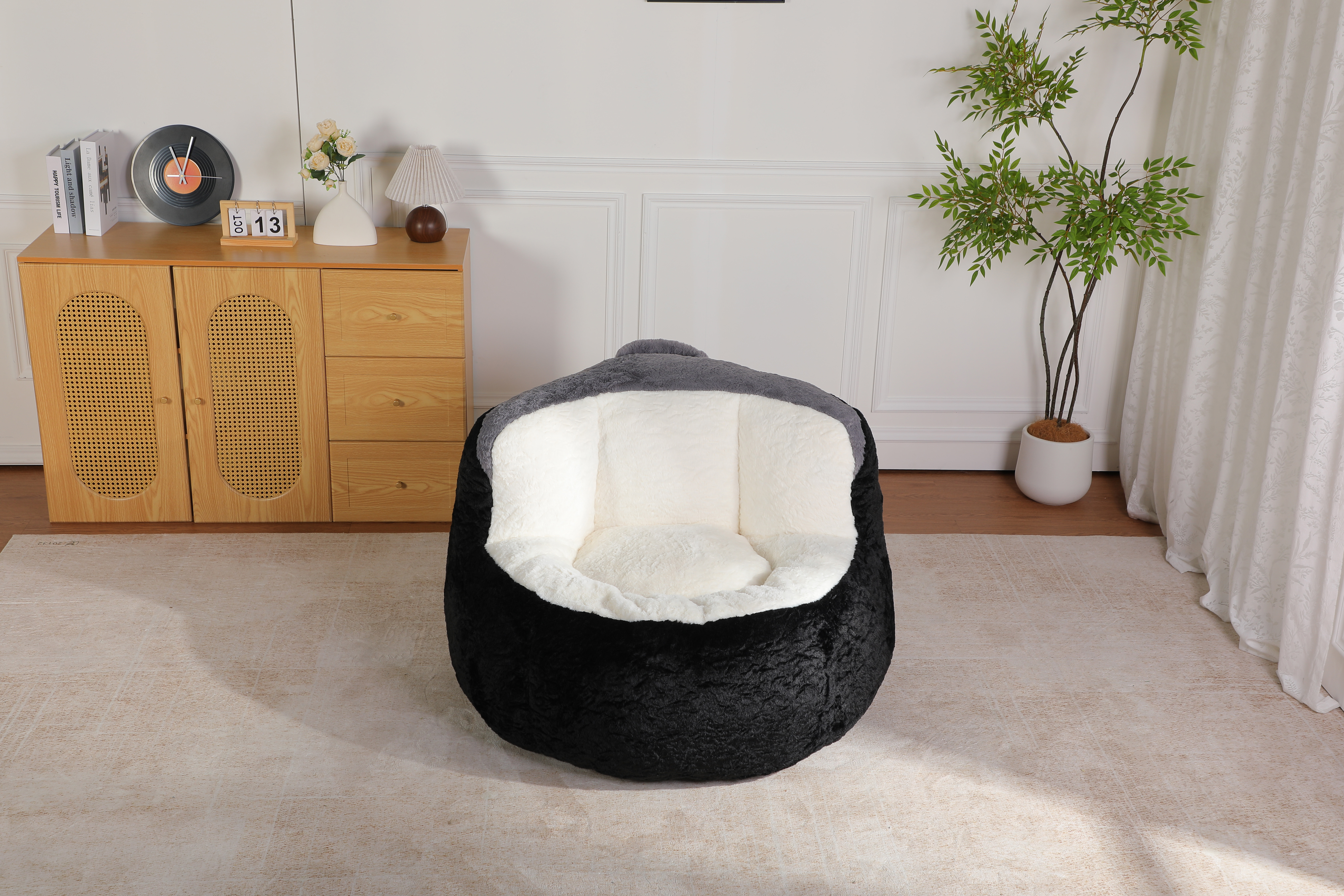 Oversized Bean Bag Chairs,Multicolor Faux Fur Couch Filled with Shredded Sponge,Large Lounger Sofa For Living Room,No Assembly Required , Black+White+Grey