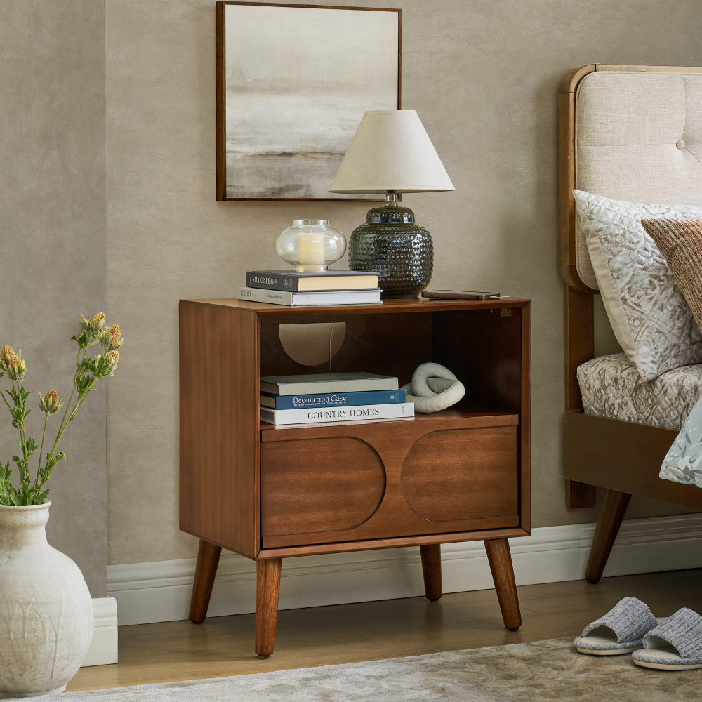 Mid Century Modern Fluted Nightstand with Charging Station USB Ports & Outlet Hole & 4 Solid Wood Legs, Farmhouse End Table with Open Space and Drawer Dresser, Walnut?