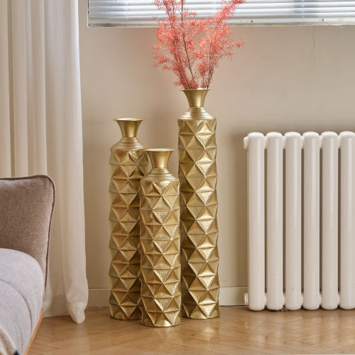 Semi-Handmade Metal Floor Vase Set of 3, Gold-Plated Geometric Diamond Pattern Vases, 33.5/29.5/25.2 Inch Large Decorative Vases for Living Room, Entryway, Office Decor (4.72in Top, 5.91in Base)聽