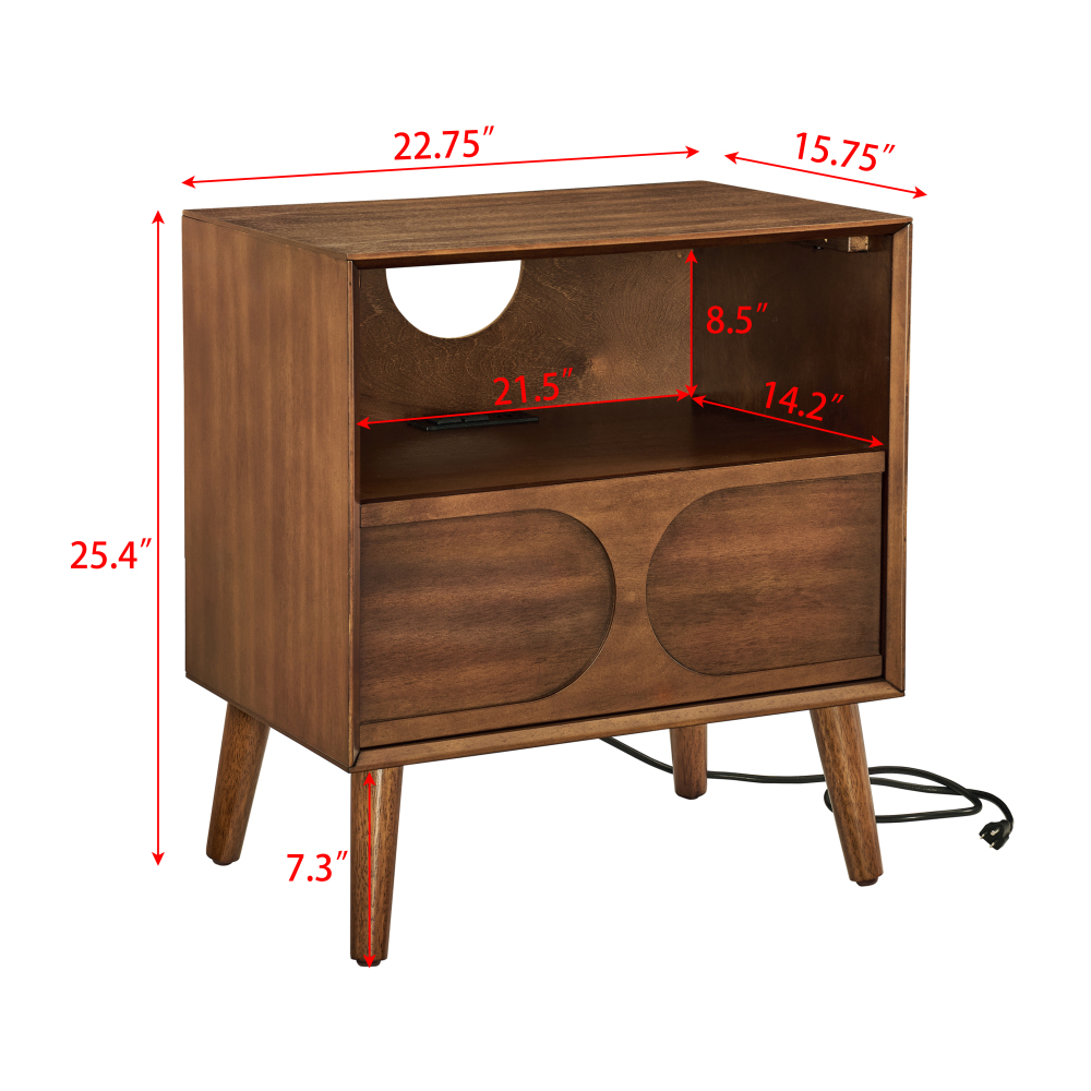 Mid Century Modern Fluted Nightstand with Charging Station USB Ports & Outlet Hole & 4 Solid Wood Legs, Farmhouse End Table with Open Space and Drawer Dresser, Walnut?